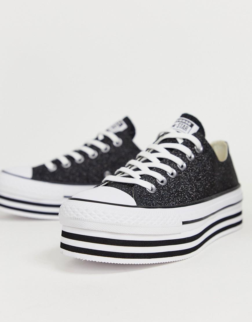 Converse Chuck Taylor All Star Lo Black Glitter Platform Trainers | Lyst UK