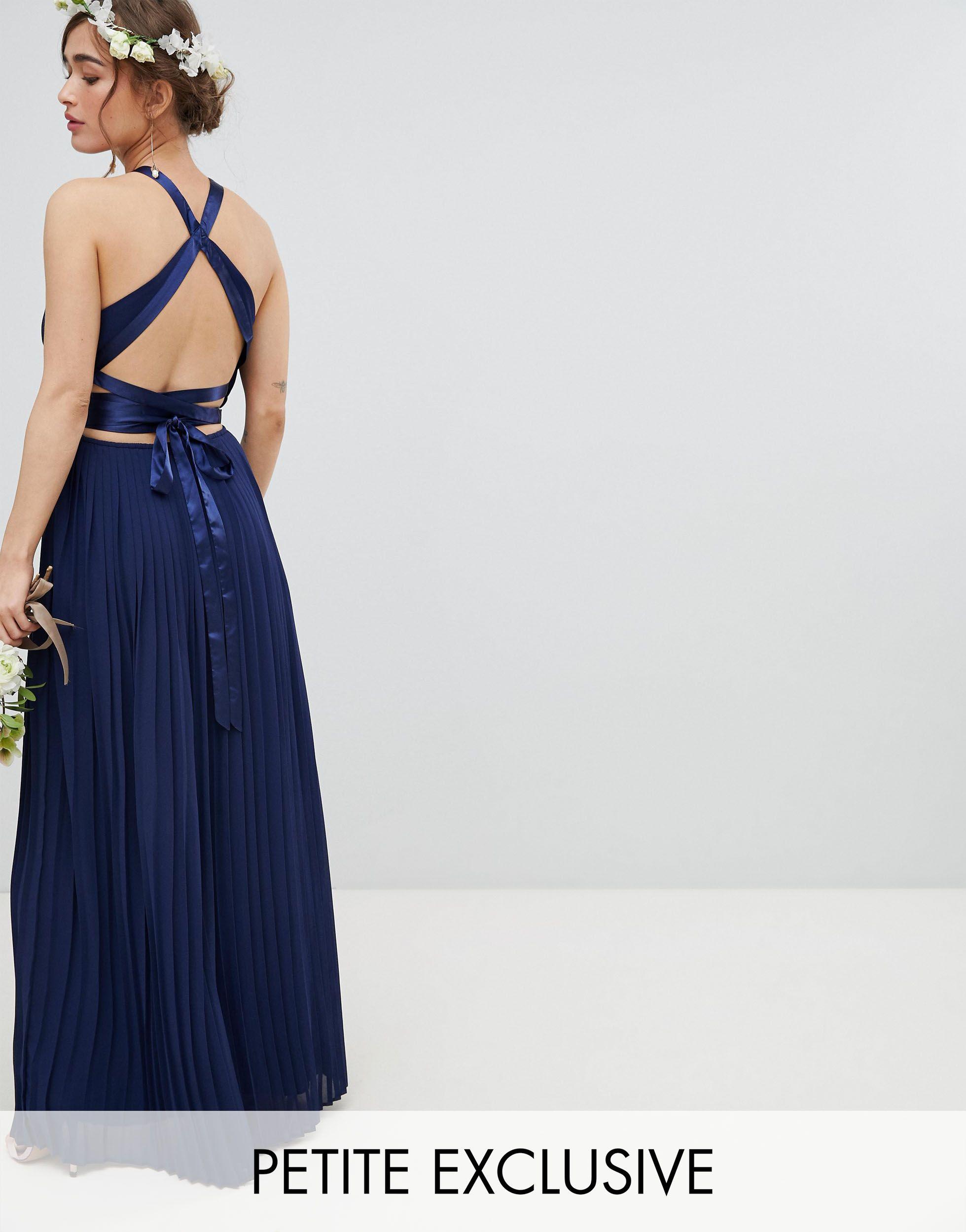 TFNC London Pleated Maxi Bridesmaid Dress With Cross Back And Bow Detail in  Navy (Blue) | Lyst