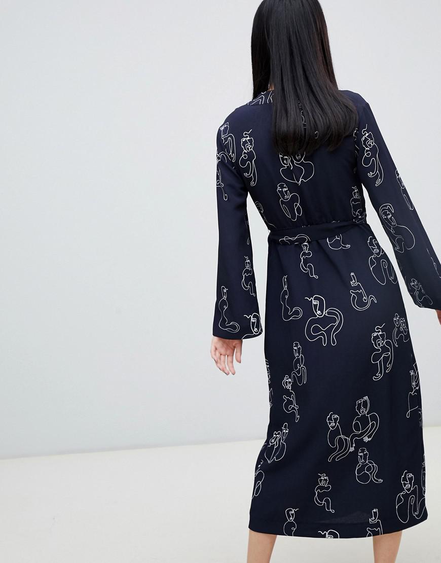 Monki Denim Face Print Midi Wrap Dress in Blue - Lyst