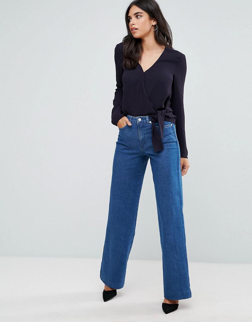 French Connection Synthetic Ducham Drape Wrap Blouse In Navy Blue