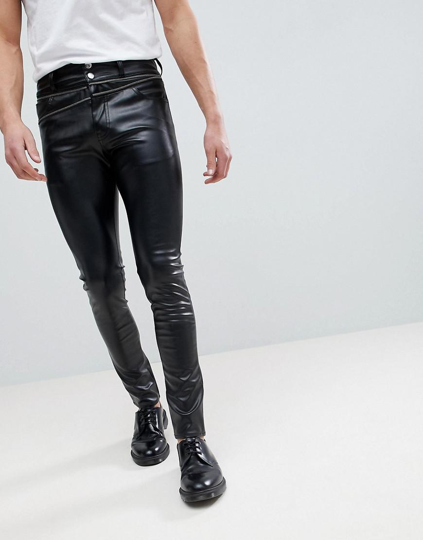 ASOS Asos Super Skinny Jeans In Black Faux Leather With Zip Details for Men