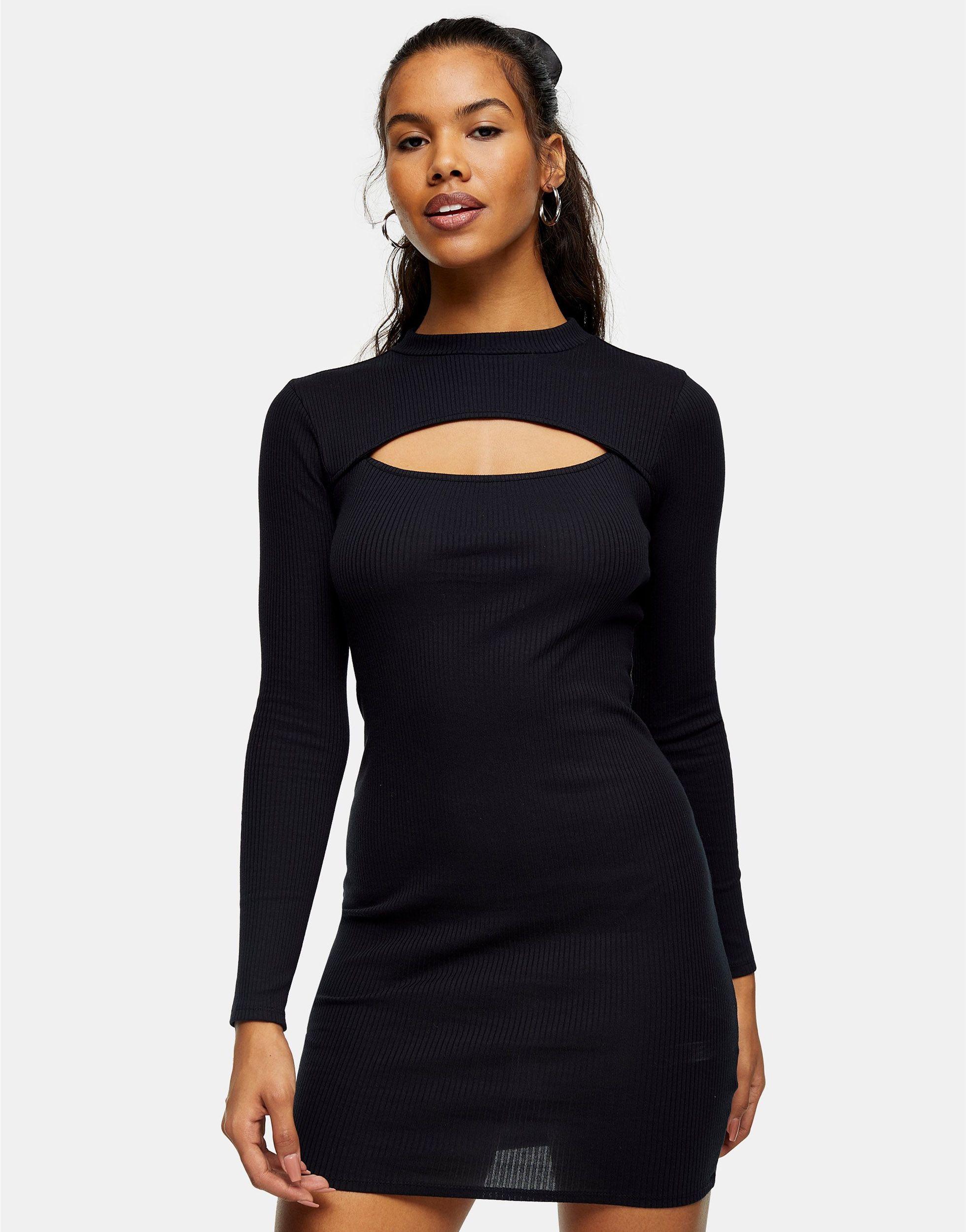 TOPSHOP Long Sleeve Ribbed Mini Dress in Black | Lyst