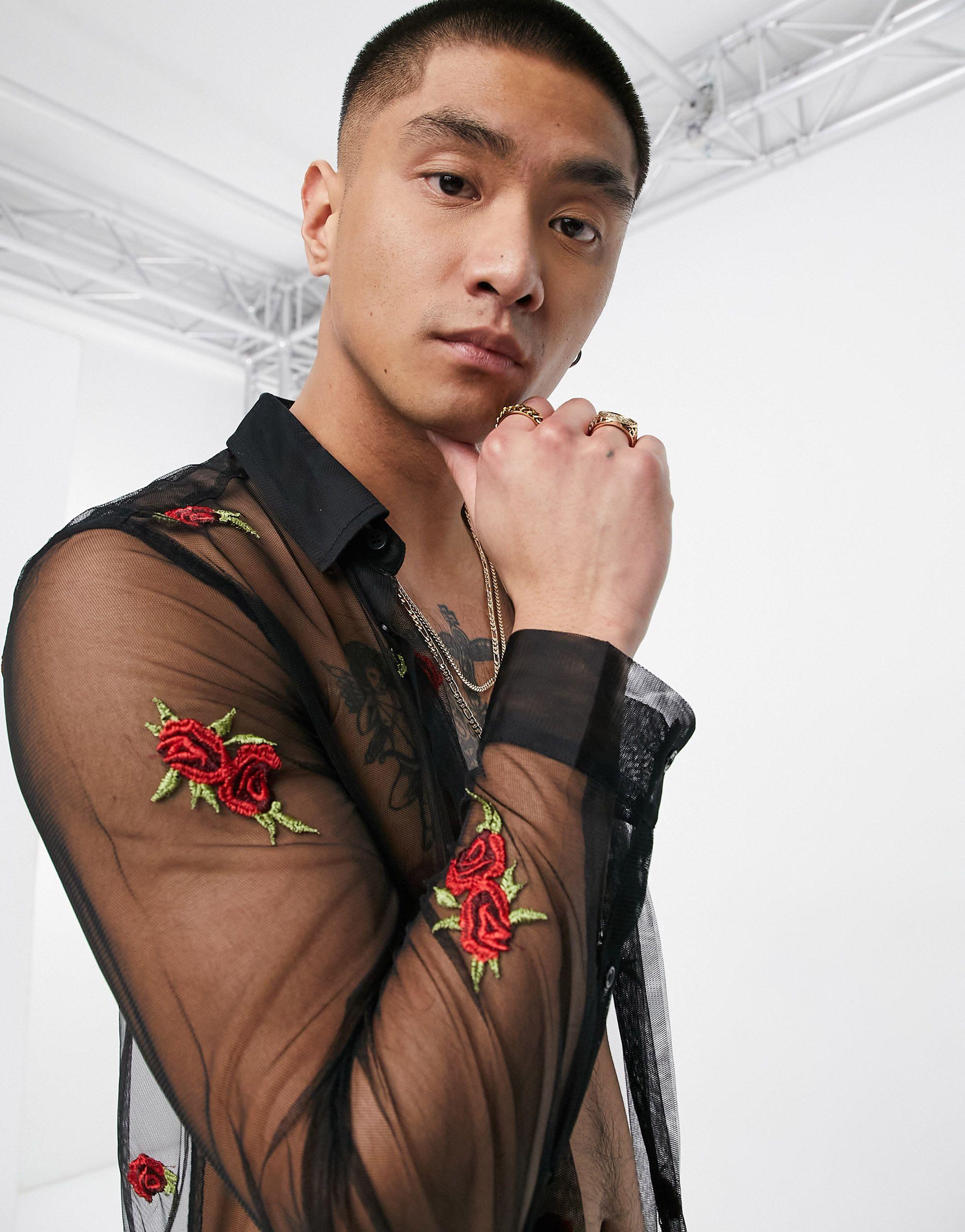 ASOS Regular Fit Mesh Shirt With Floral Embroidery in Black for