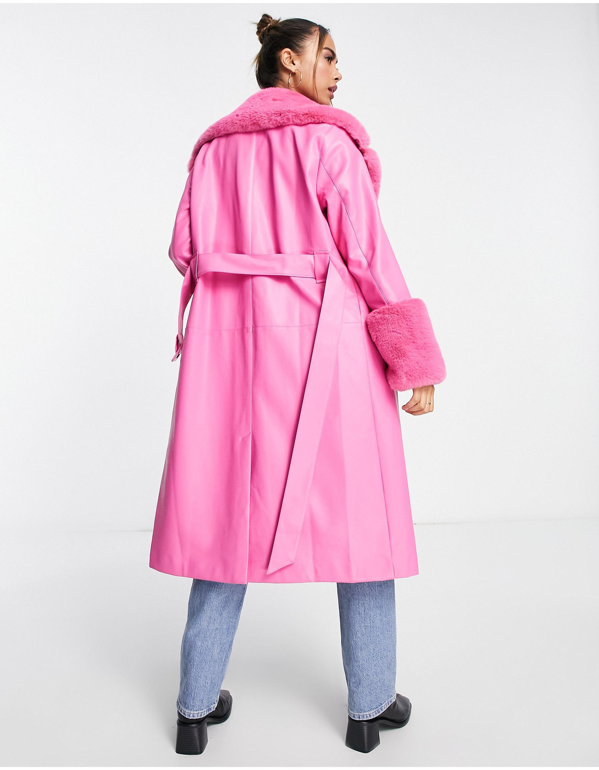 Forever New Faux Fur Belted Pu Coat in Pink | Lyst