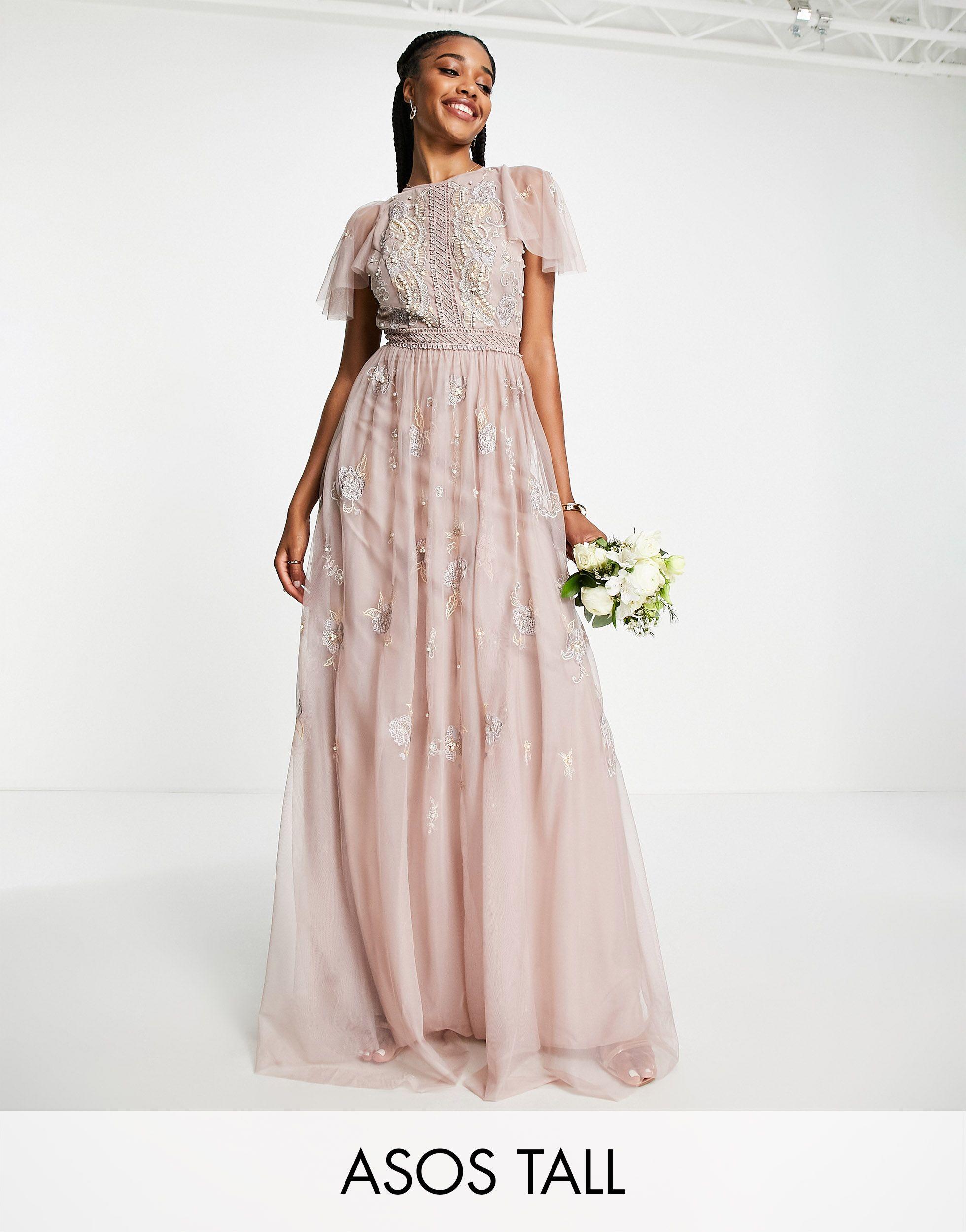 ASOS Asos Design Tall Bridesmaid Pearl Embellished Flutter Sleeve Maxi Dress  With Floral Embroidery in Pink | Lyst