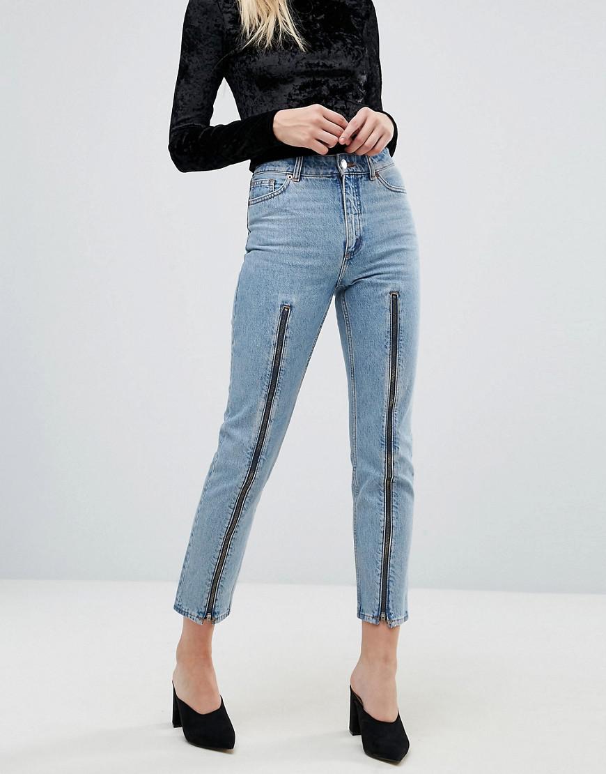 Lyst - Monki Zip Front Straight Leg Jeans in Blue