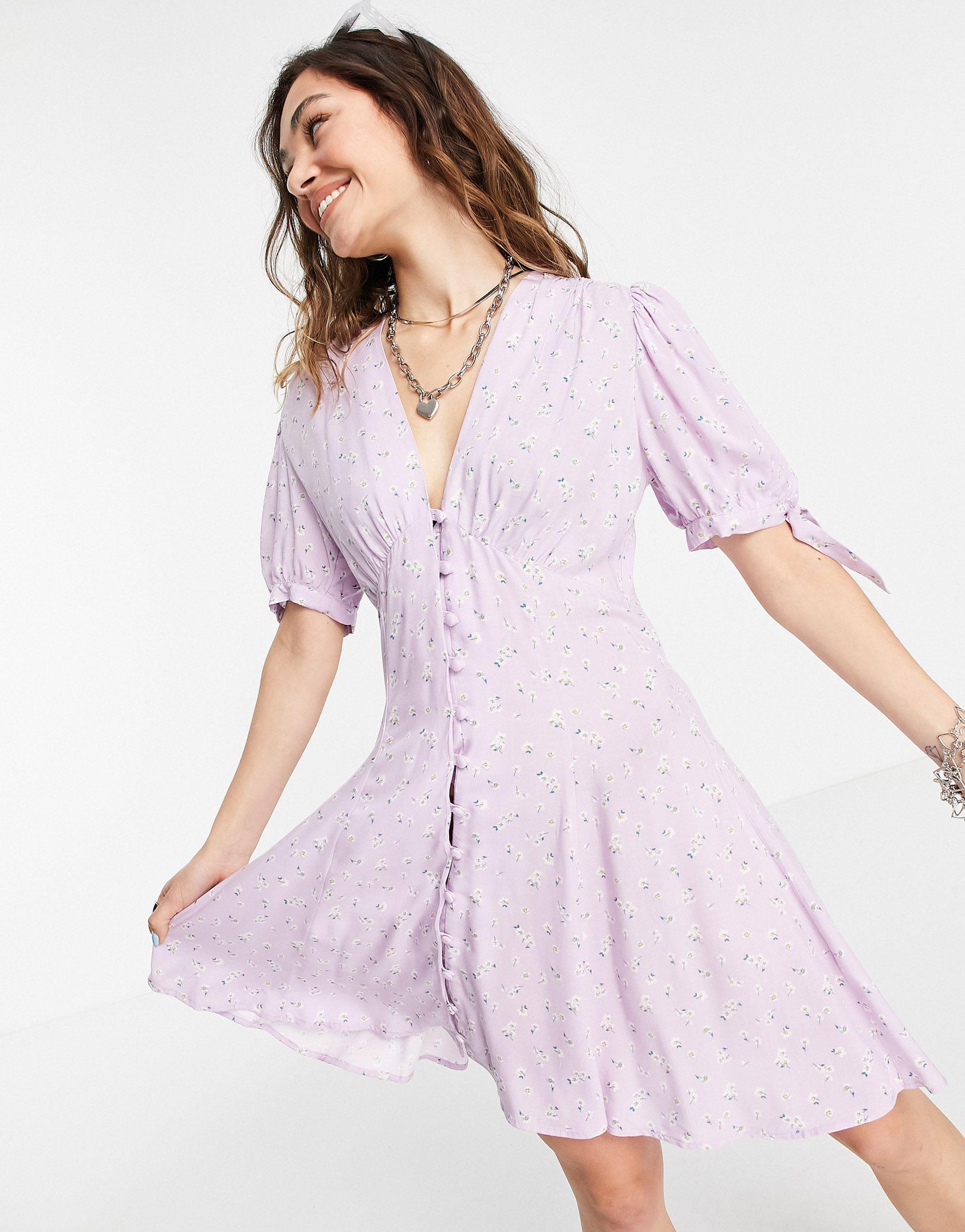 TOPSHOP Primary Floral Button Through Tea Dress in Purple | Lyst