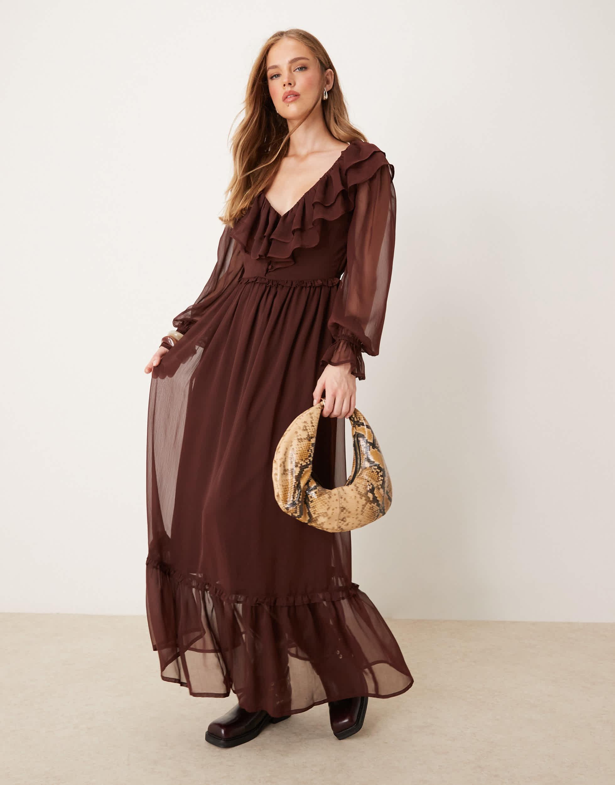 brown long sleeve ruffle dress Ribbed Modal Long-Sleeve Draped Mini Dress in Mocha - L