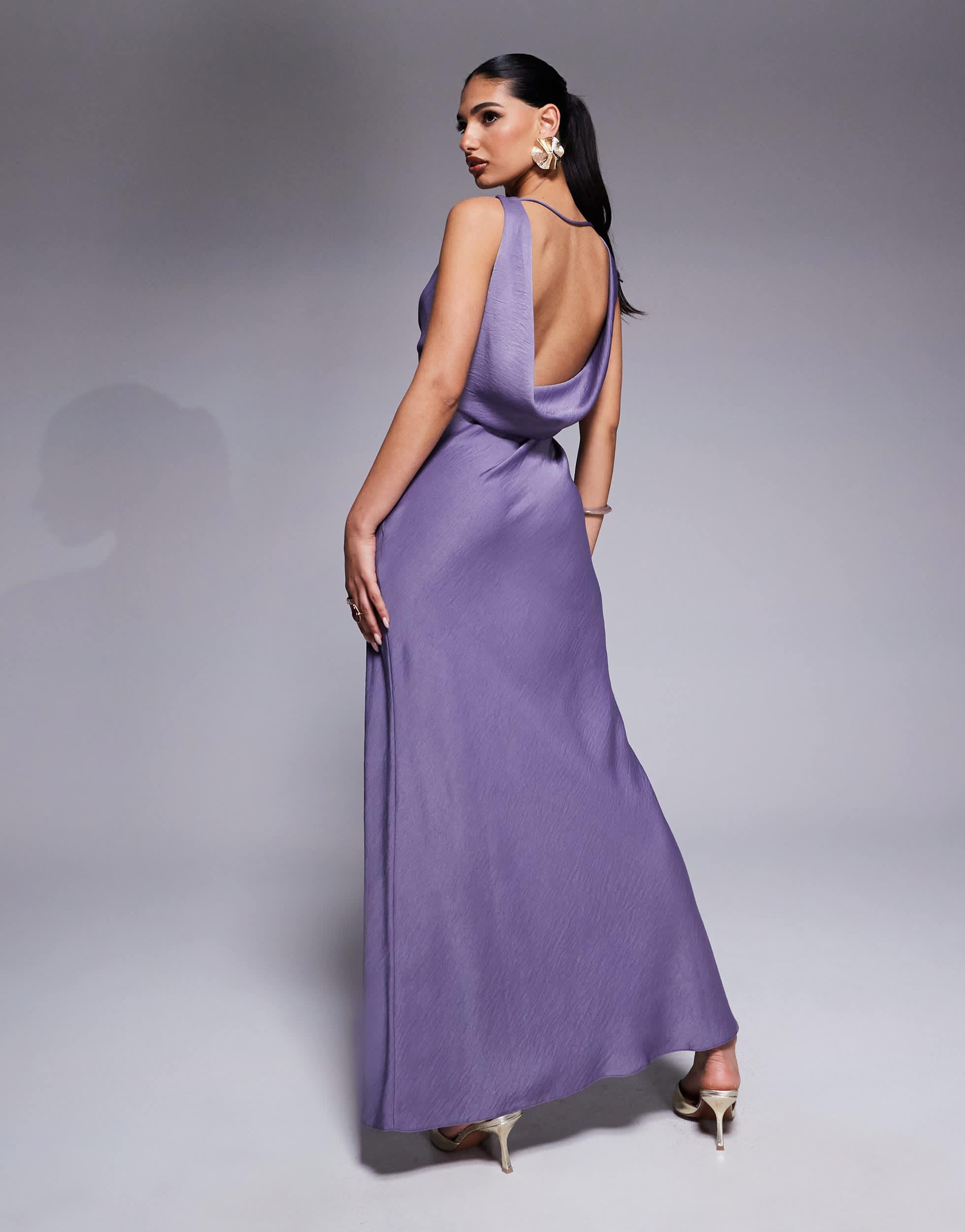 asos design fringe cowl halter maxi dress in purple Asos Design Fringe Cowl Halter Maxi Dress in Purple