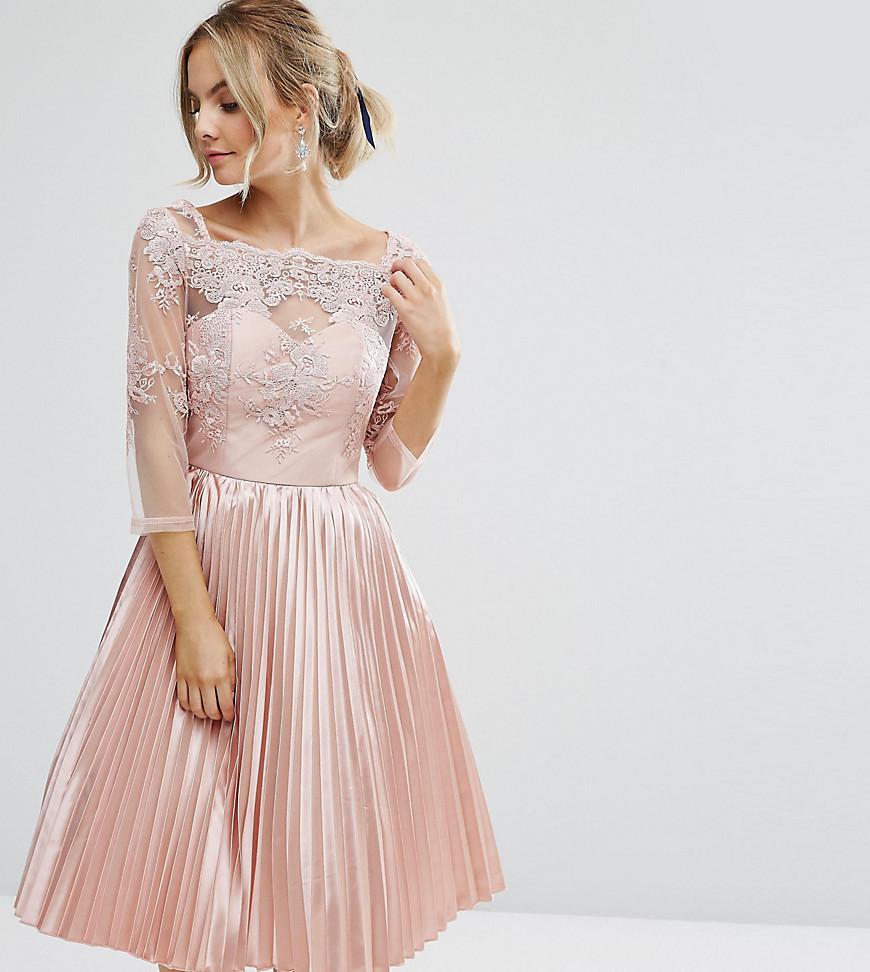 Chi Chi London Chi Chi Petite Lace Top Bardot Dress With Pleated Skirt in  Pink | Lyst Canada