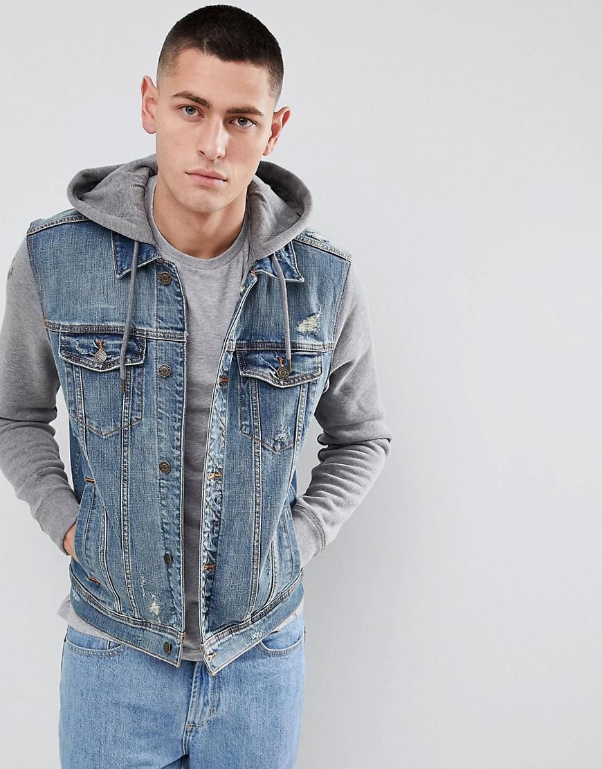 Hollister Hooded Denim Jacket With Gray Sweat Sleeves And Hood In Mid Wash  in Blue for Men