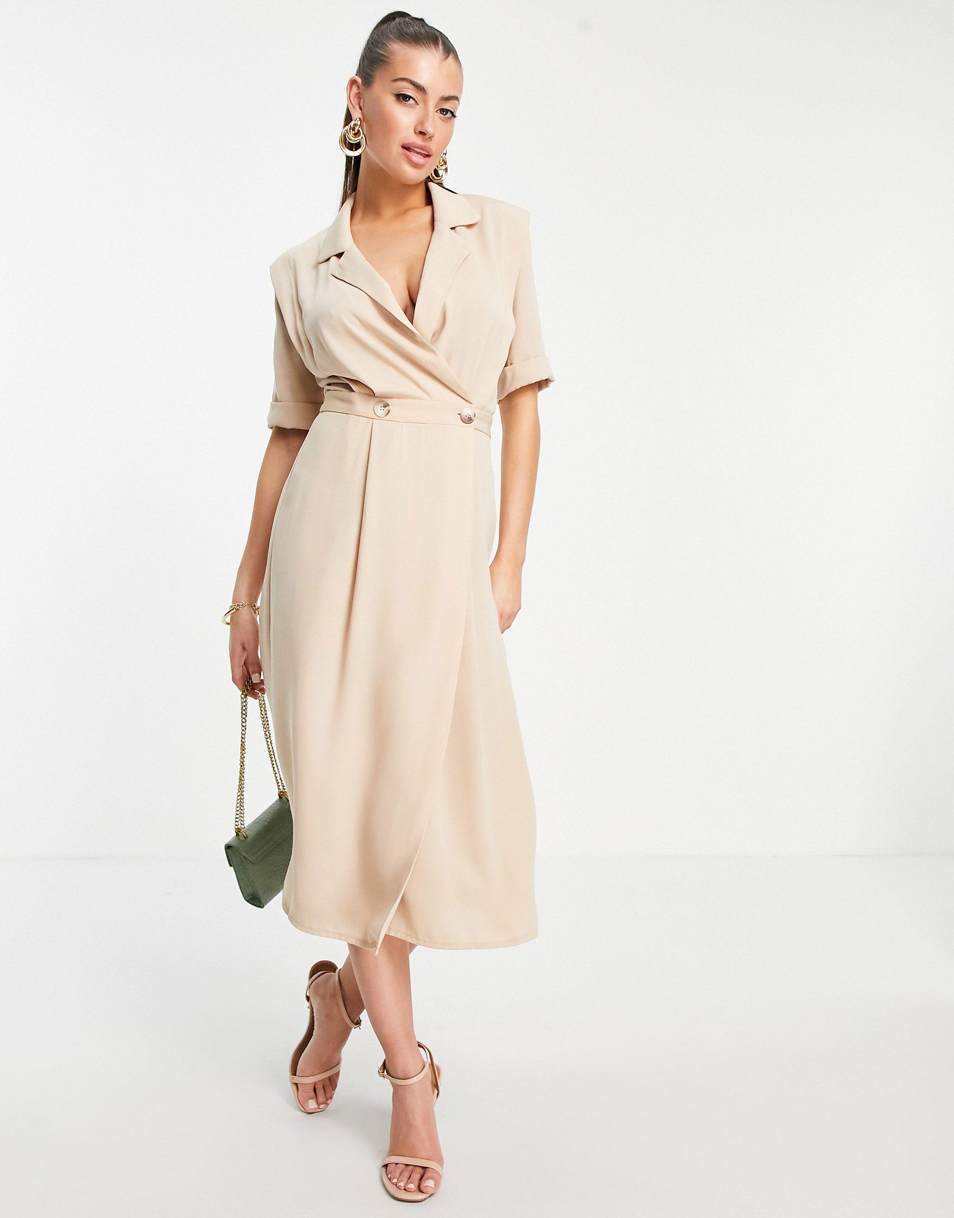 ASOS Wrap Tux Midi Dress With Shoulder Pads in Natural | Lyst