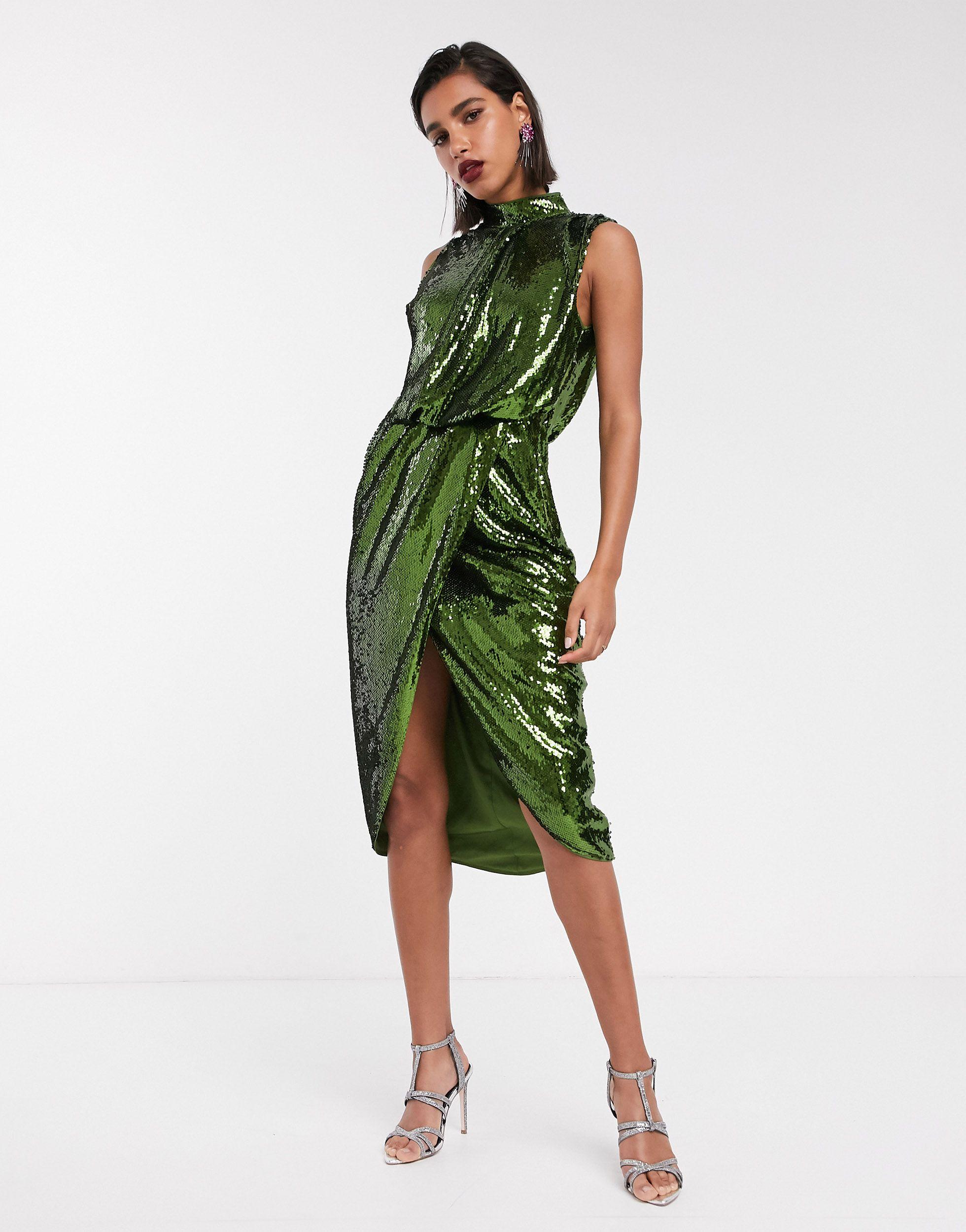 ASOS Synthetic Sequin Midi Pencil Midi Dress With Drape Front in Green ...