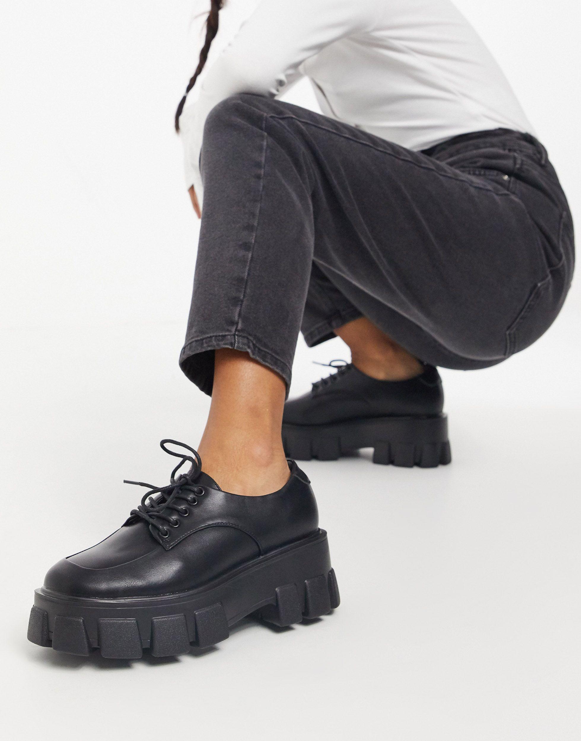 truffle collection wide fit chunky lace up boots in black