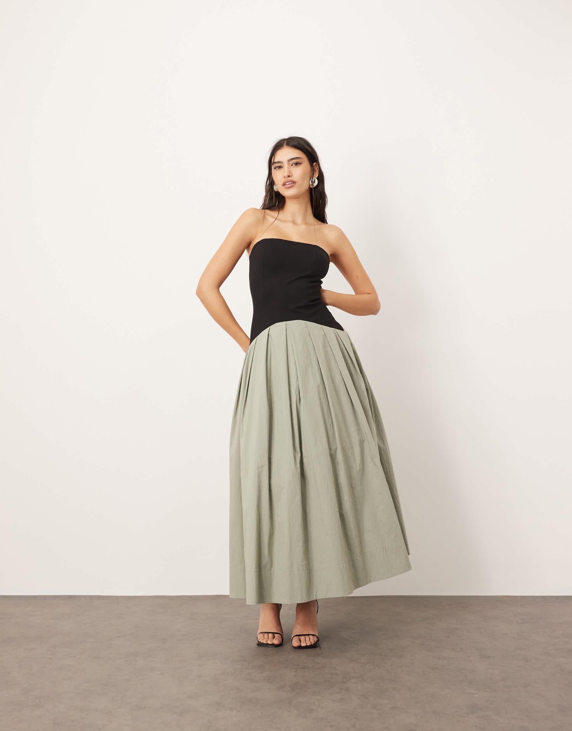 ARRANGE Bandeau Drop Waist Maxi Dress With Contrast Detail in Natural | Lyst