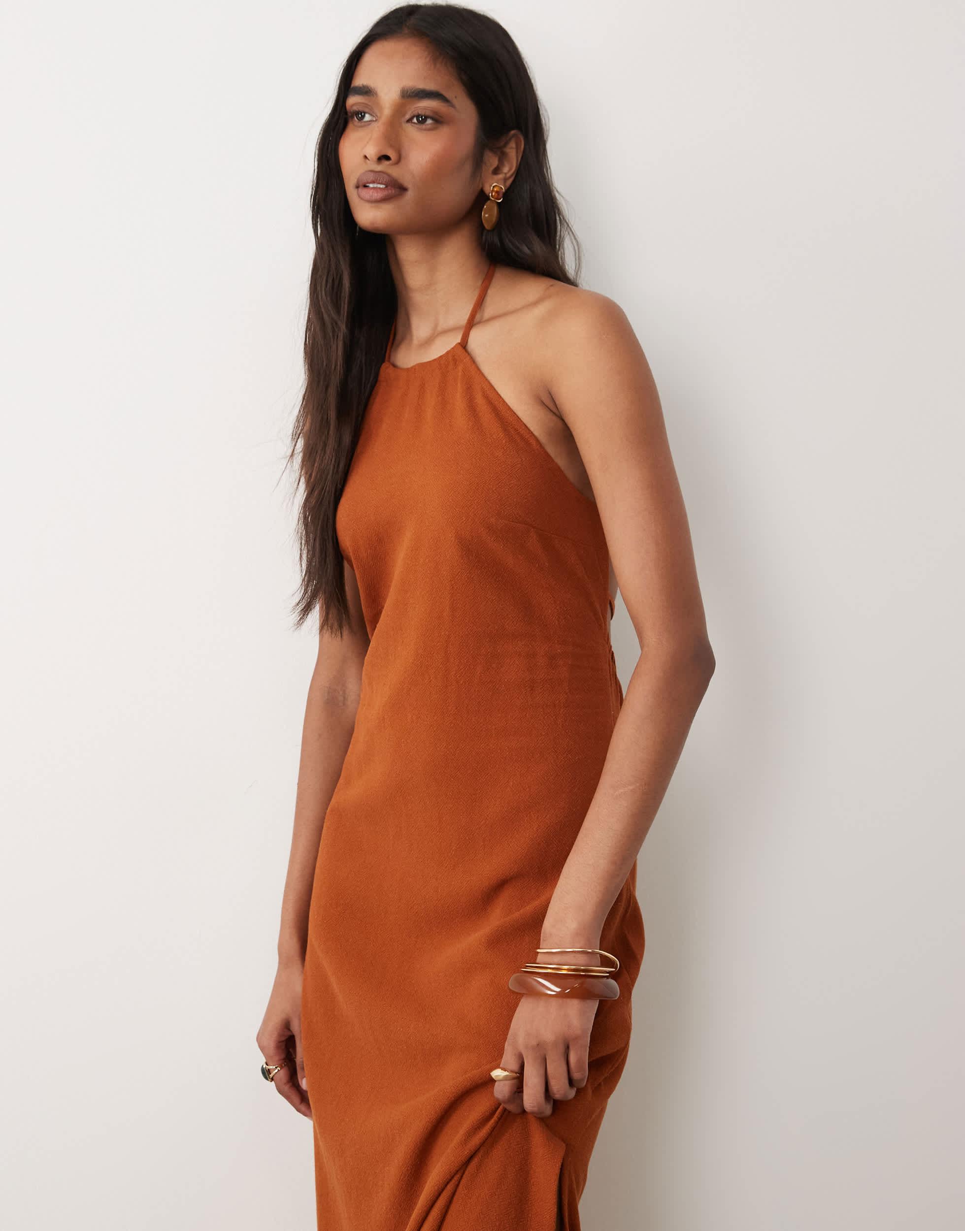 miss selfridge orange dress Miss Selfridge Petite satin back detail maxi slip dress in orange