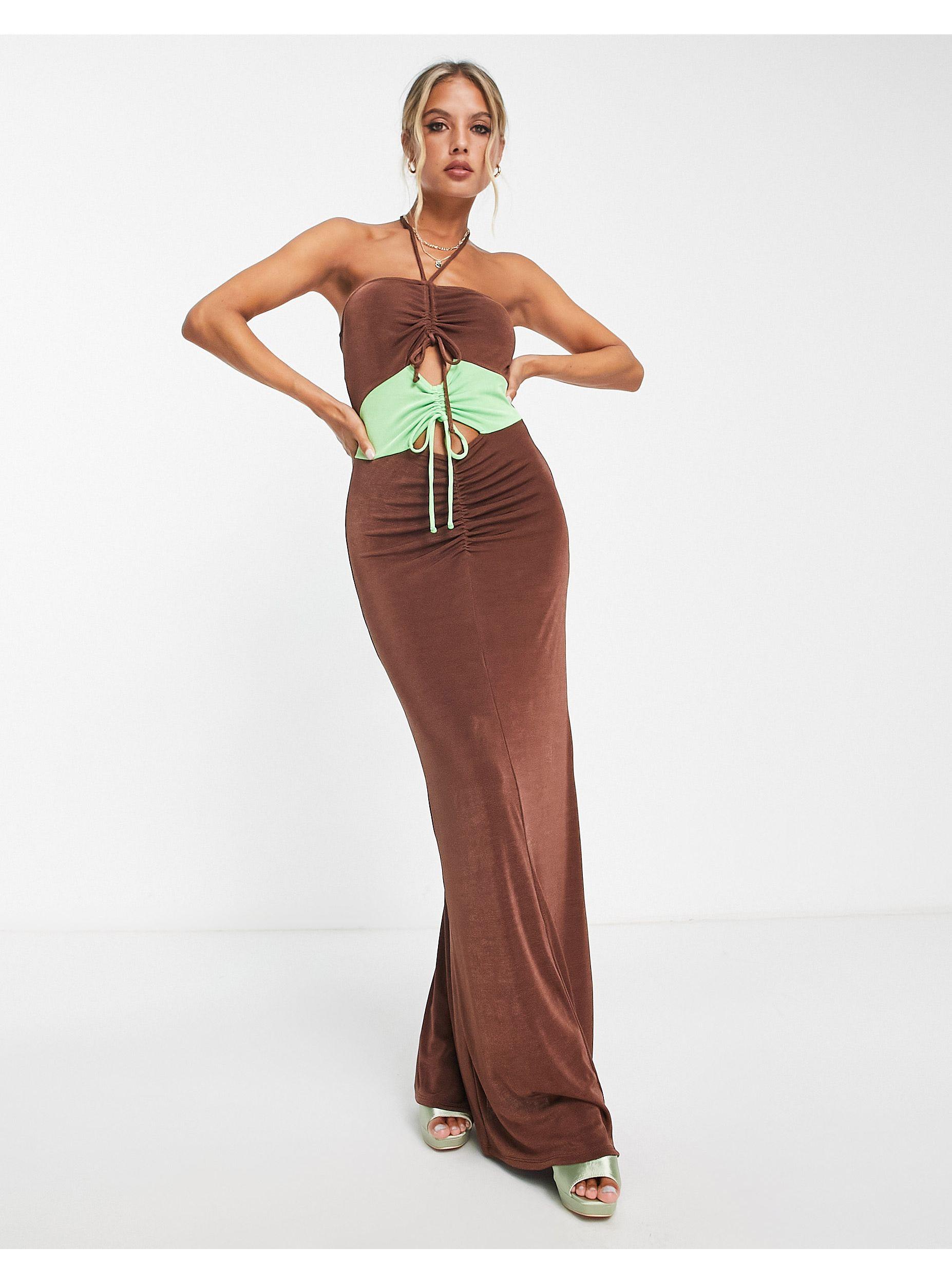 TOPSHOP Slinky Cut Out Colour Block Halter Maxi Dress in White