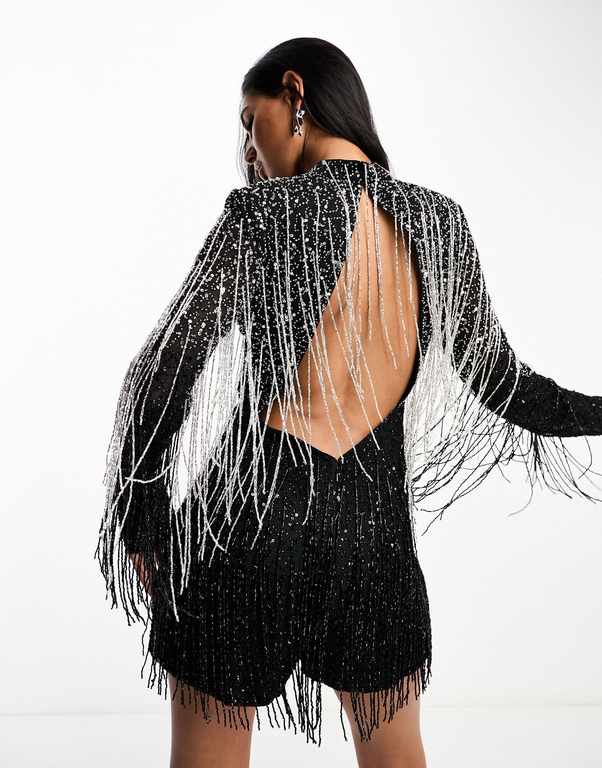ASOS Long Sleeve Embellished Fringe Playsuit in Black | Lyst UK
