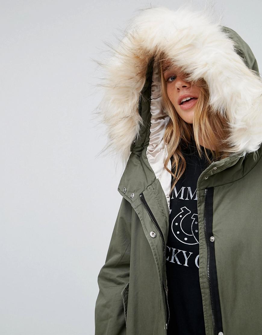 Lyst Pull&Bear Longline Parka Jacket With Faux Fur Hood in Green