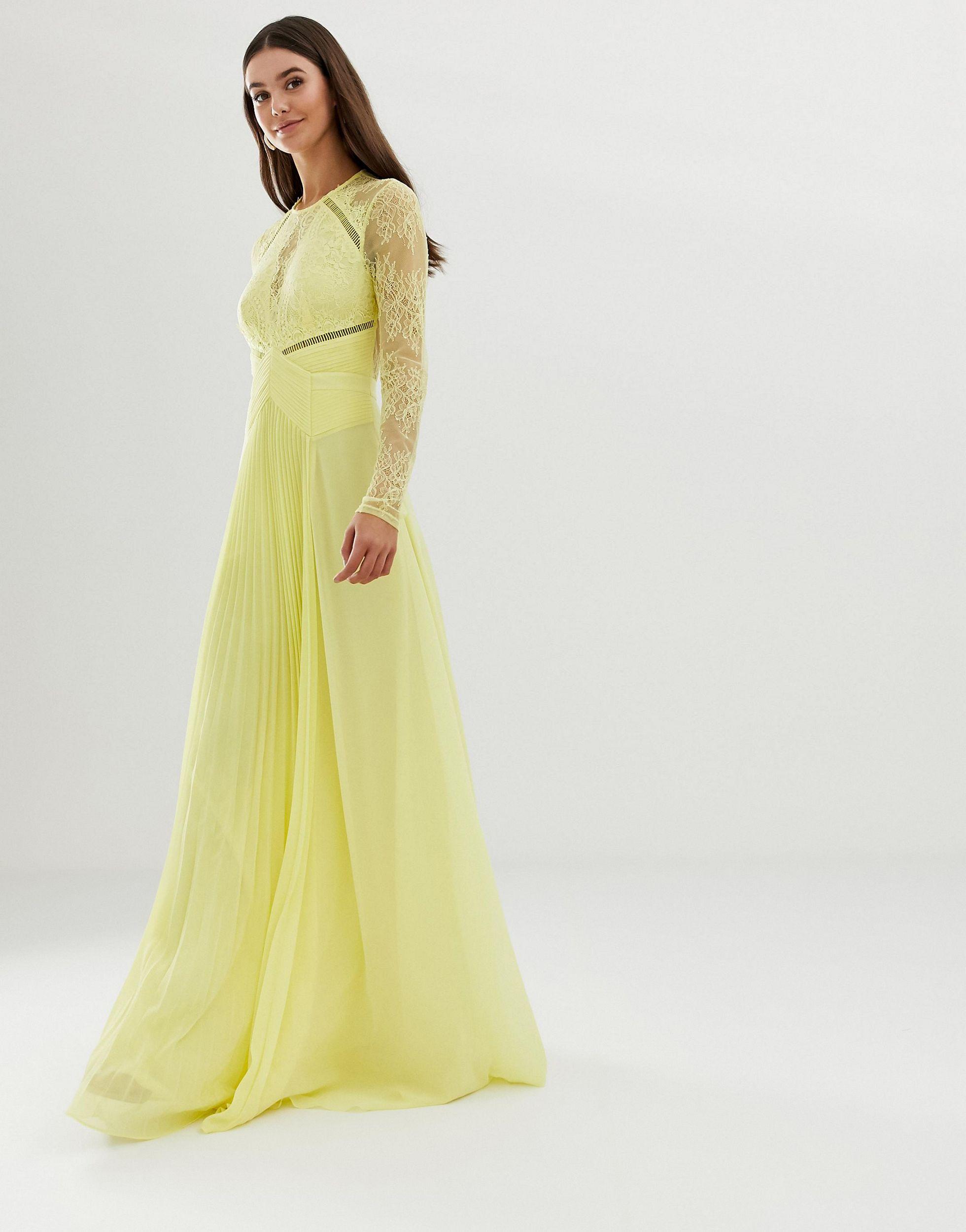ASOS Asos Design Tall Long Sleeve Lace Panelled Pleat Maxi Dress in Yellow  | Lyst UK