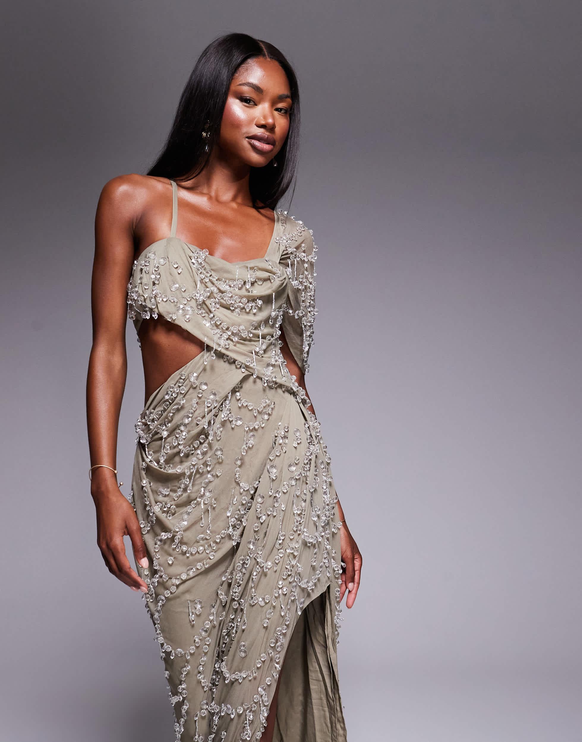 asos beaded dress ASOS Draped Off Shoulder Bandeau Maxi Dress With Beaded Embellishment in  Gray