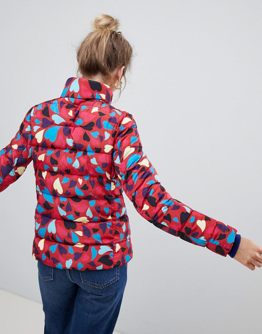 Love Moschino Silk Mosaic Hearts Print Padded Jacket in Red - Lyst