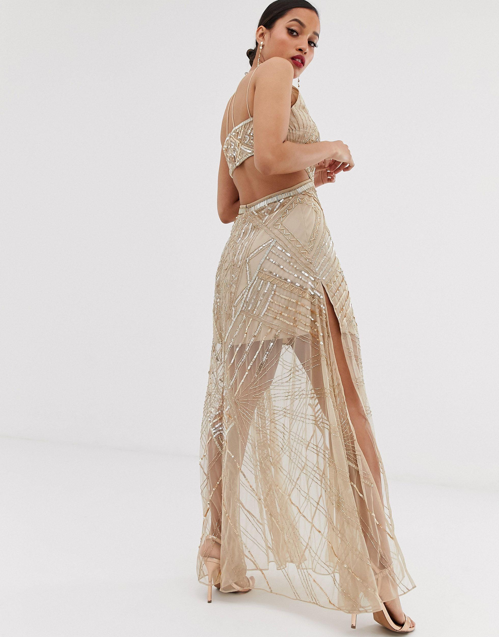 geometric embellished sequin bodice maxi dress