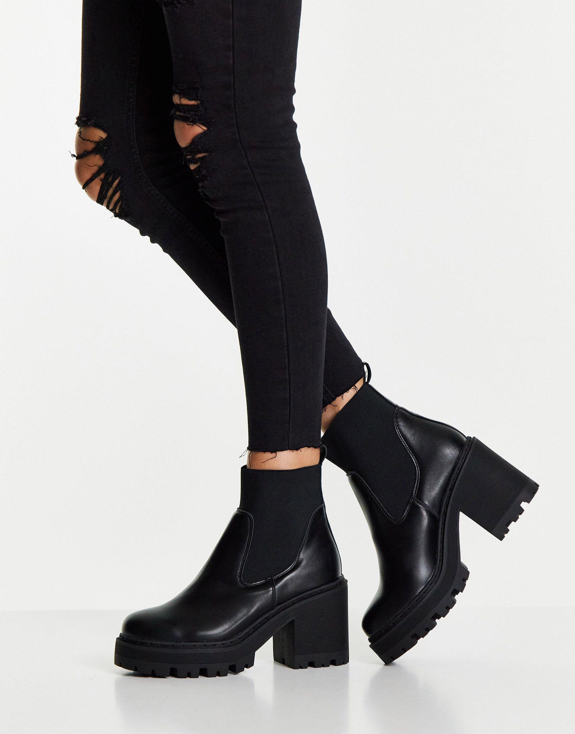 truffle collection chunky heeled sock boots in black