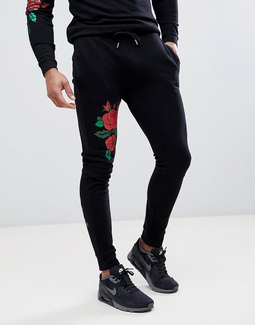 ASOS Denim Asos Tall Tracksuit Hoodie/skinny Joggers With Embroidered Rose Print In Black for