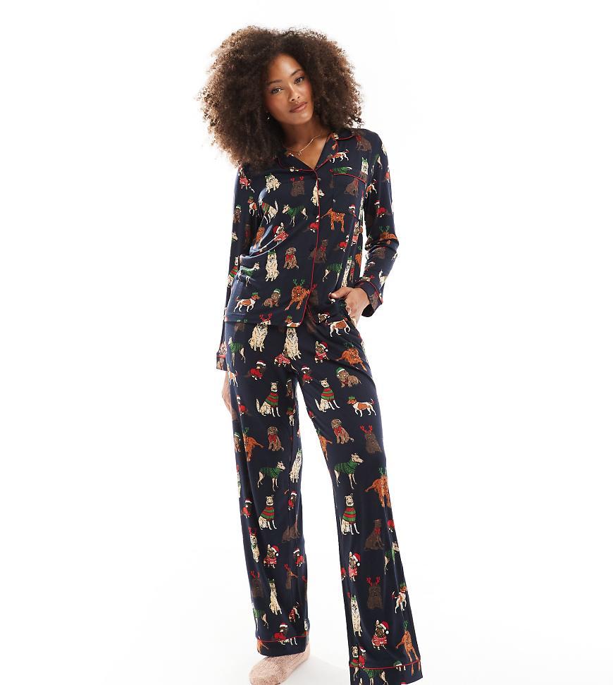 Chelsea Peers Exclusive Christmas Dog Print Long Sleeve Revere And Trouser Pyjama Set in Black Lyst UK