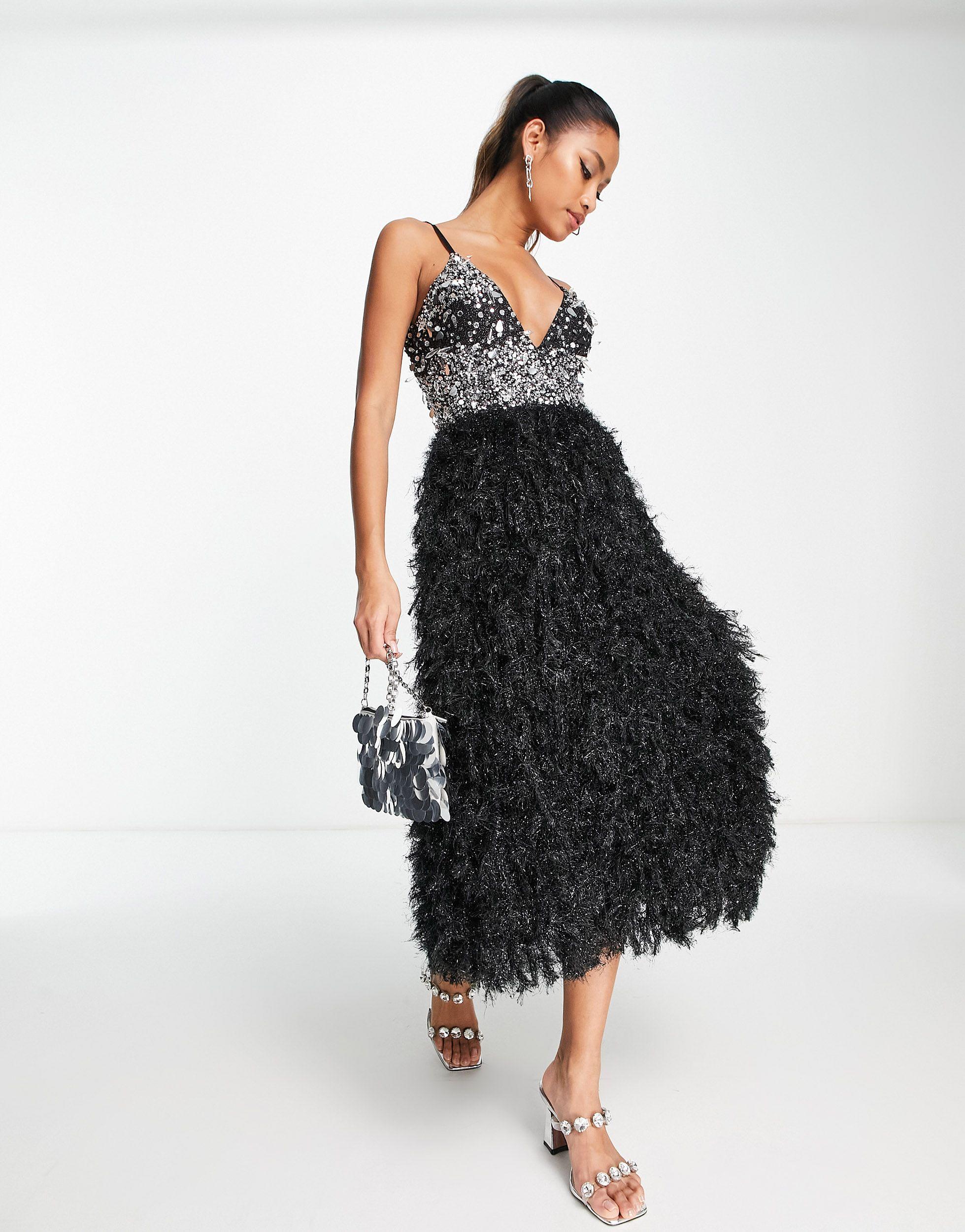 ASOS Embellished Sequin Plunge Neck Faux Feather Midi Dress in Black | Lyst