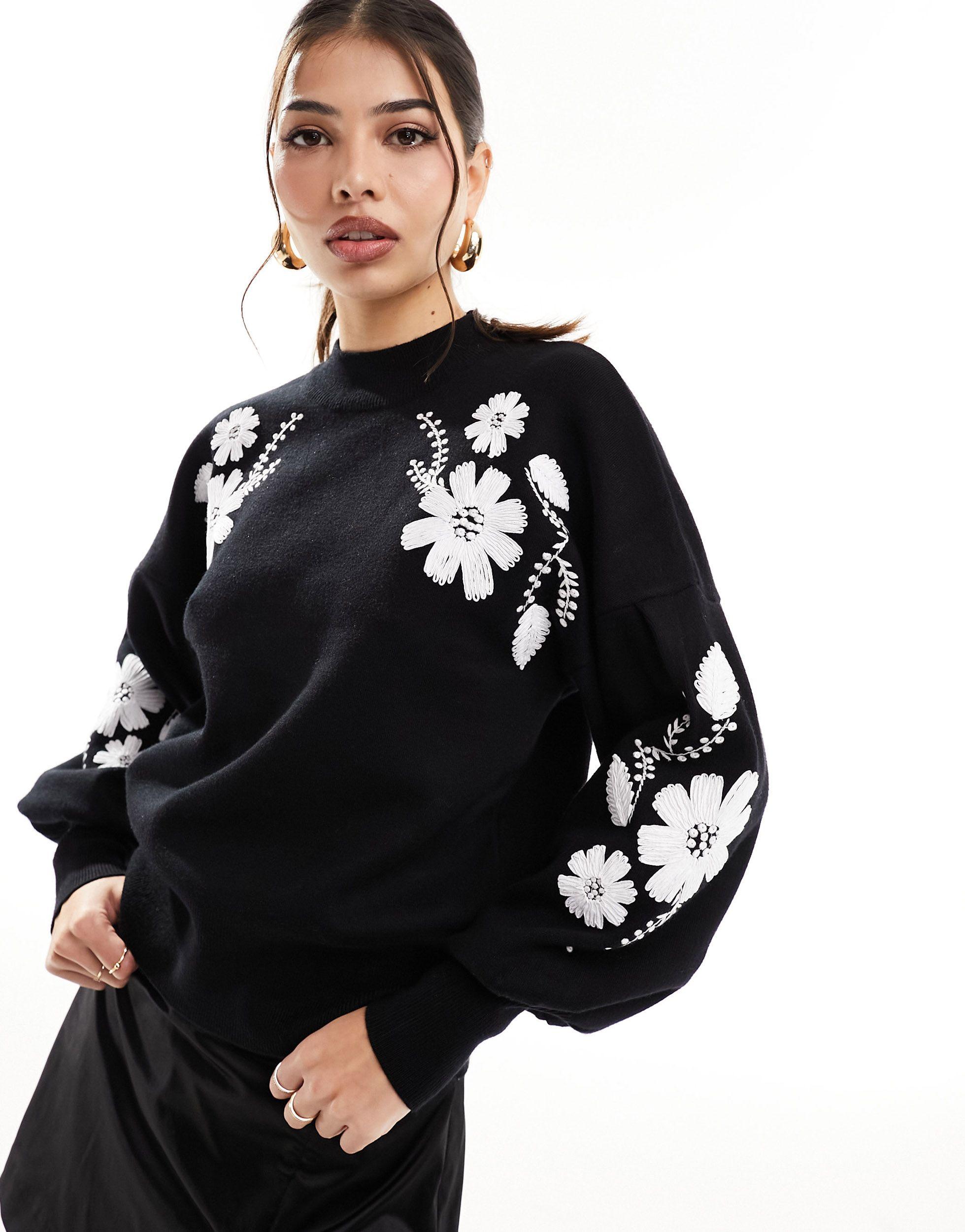 Black jumper with embroidered flowers discount