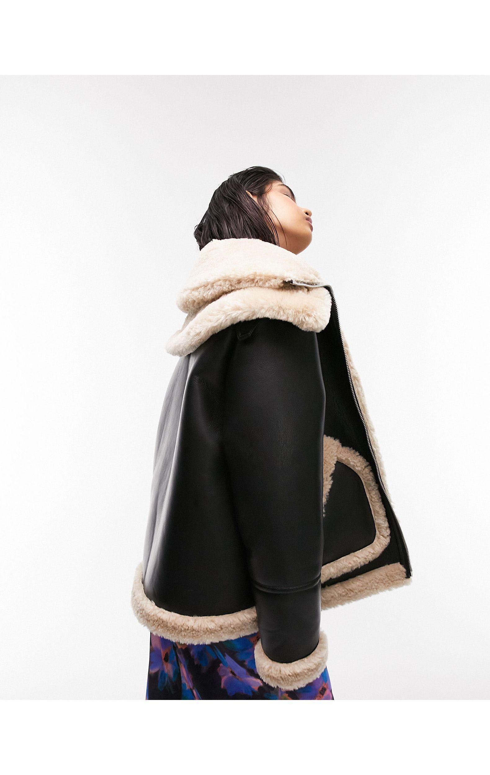 TOPSHOP Faux Shearling Oversized Aviator Jacket With Double Collar Detail  in Black | Lyst