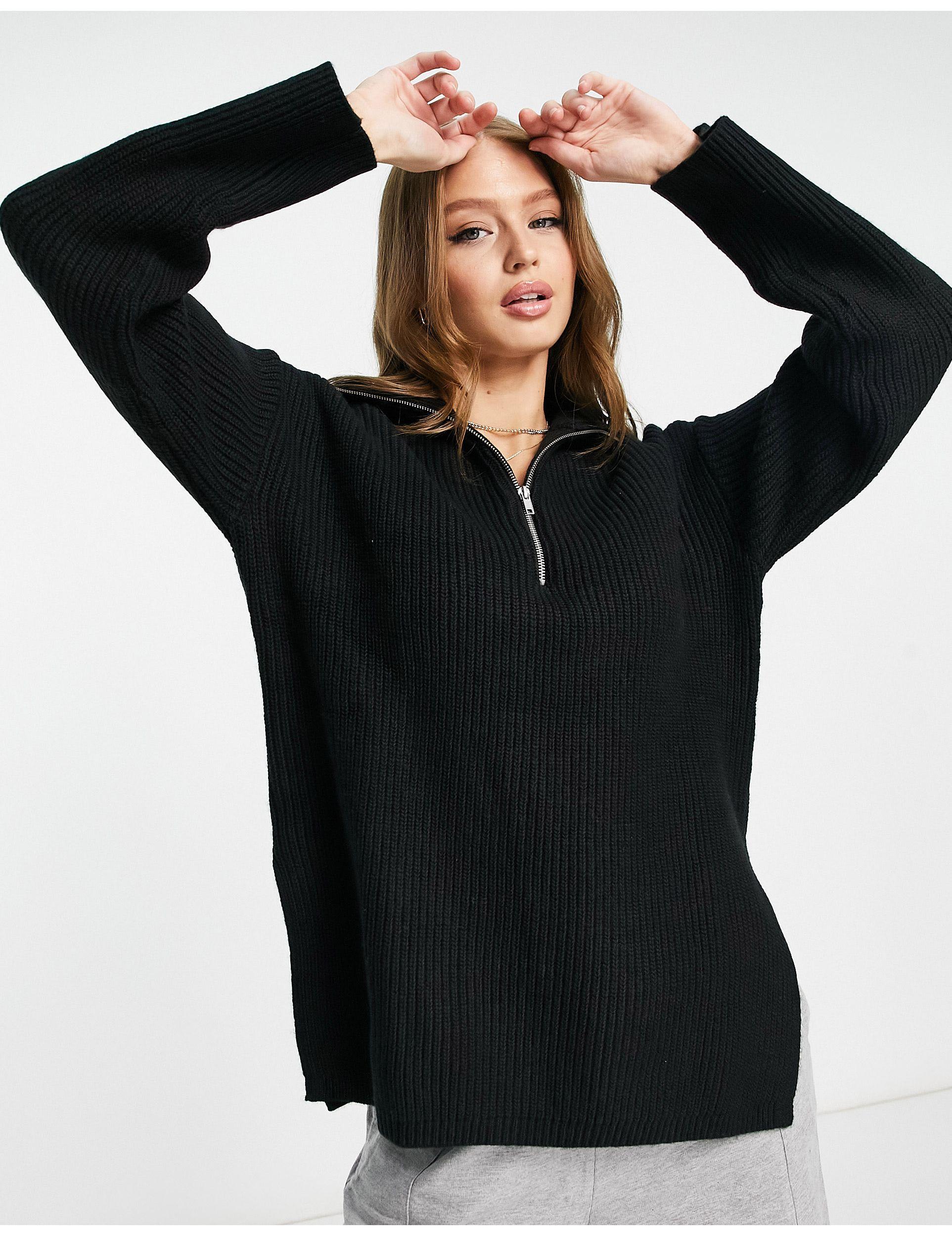 Monki Knitted Zip Front Sweater in Black | Lyst