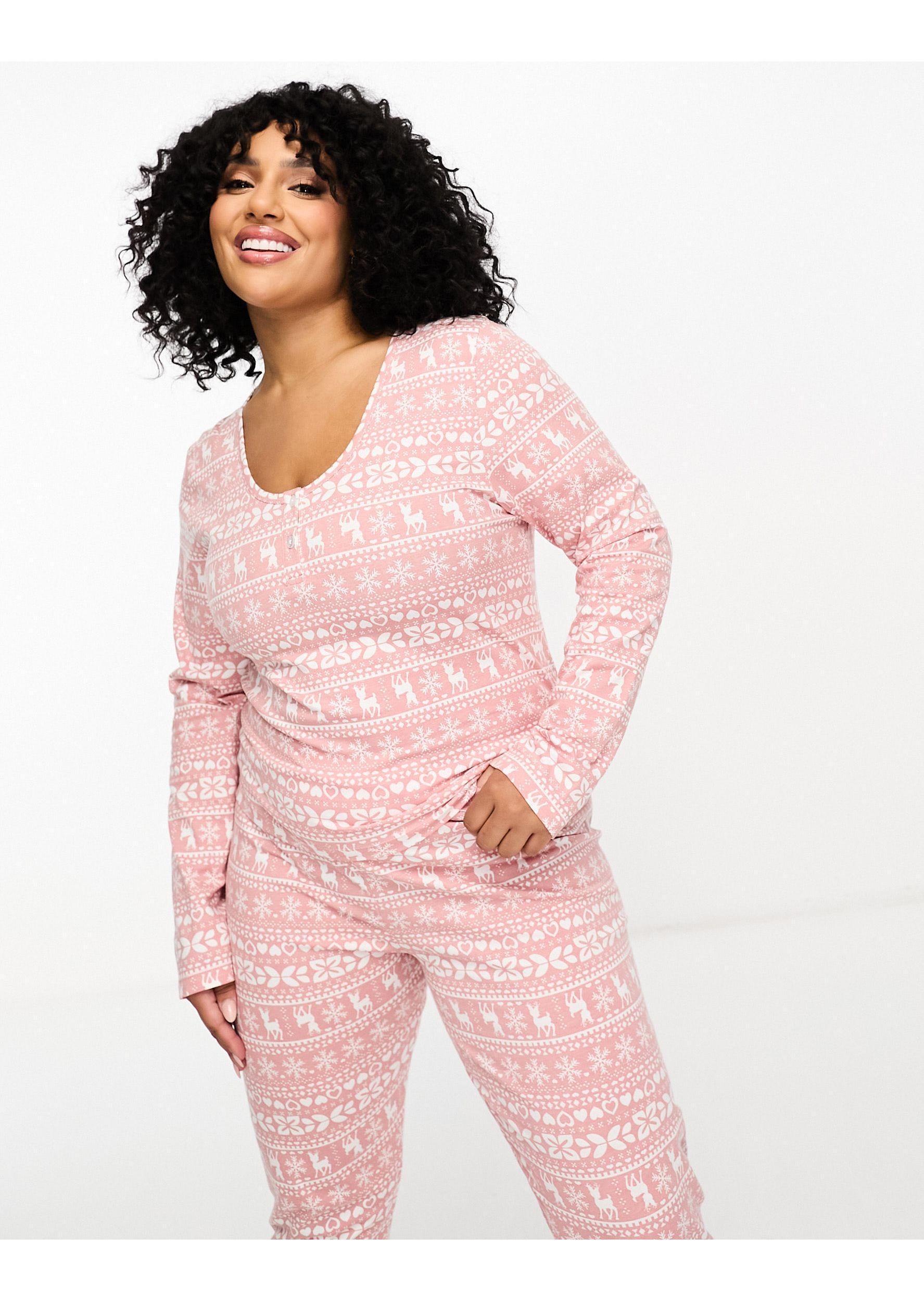 ASOS Asos Design Curve Christmas Fair Isle Glam Long Sleeve Top & leggings  Pyjama Set in Pink | Lyst
