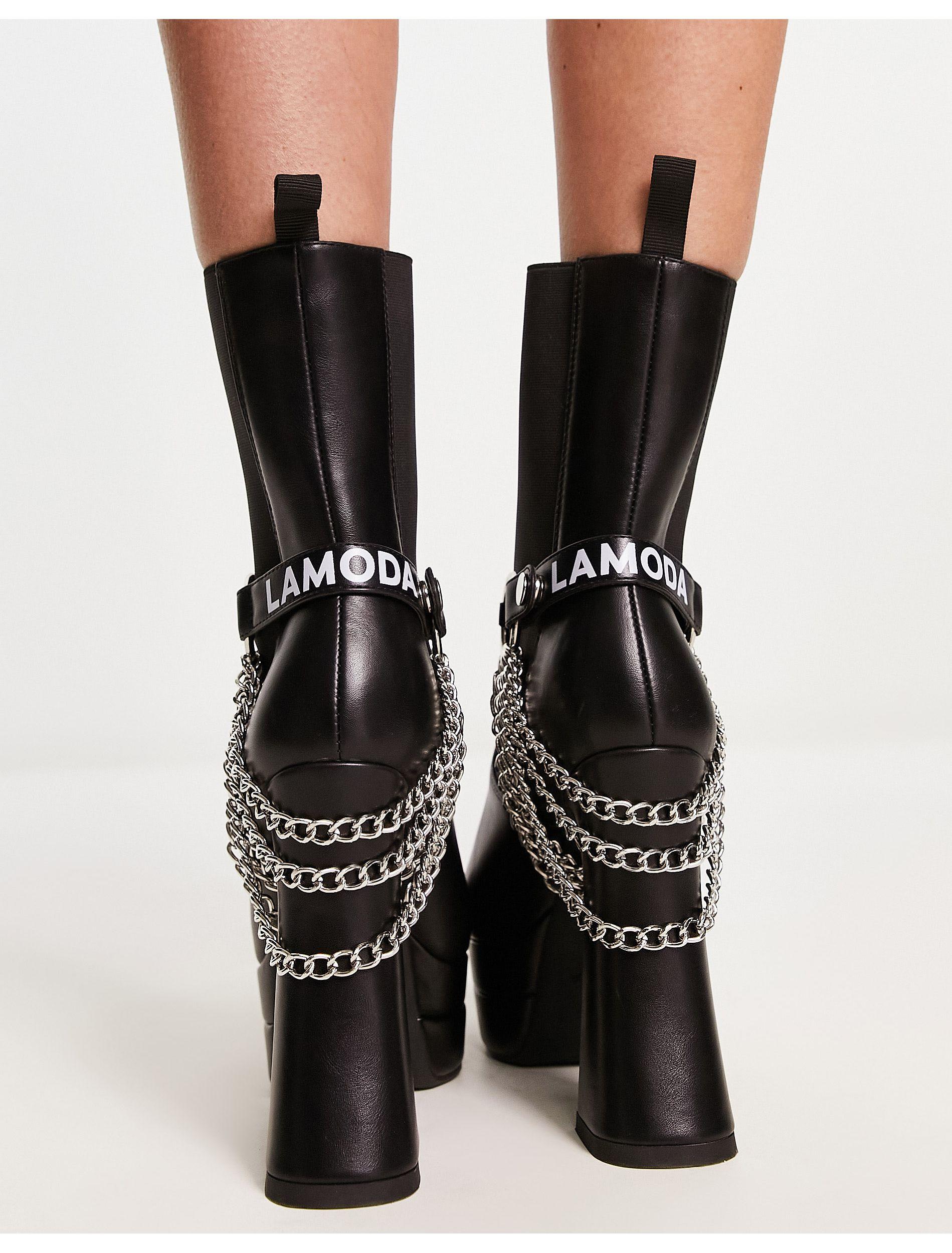 LAMODA Crown Heeled Platform Boots With Chain Detail in Black | Lyst