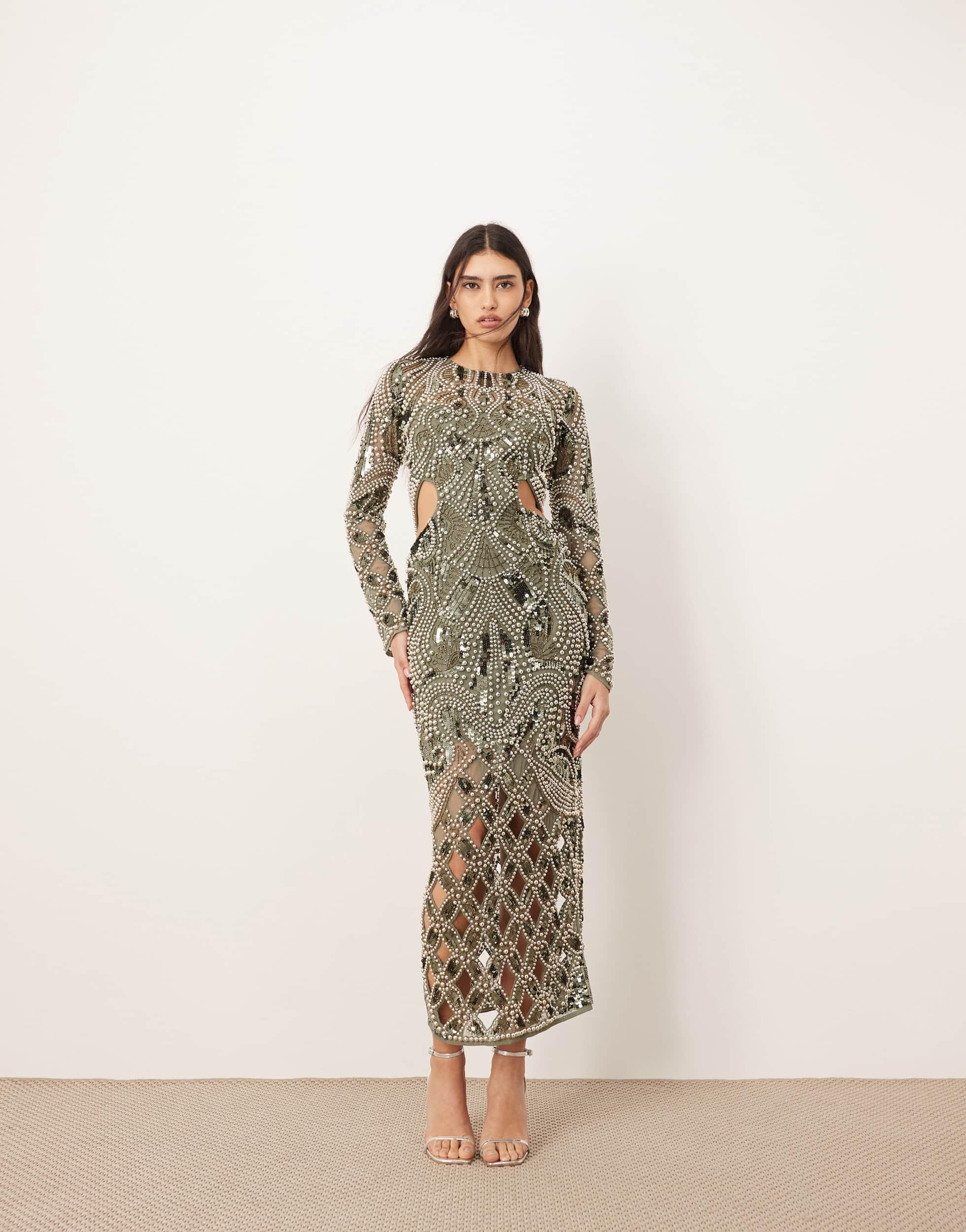 sachin and babi light blue dress ARRANGE Embellished Metal Look Cage Cut Work Maxi Dress in Natural
