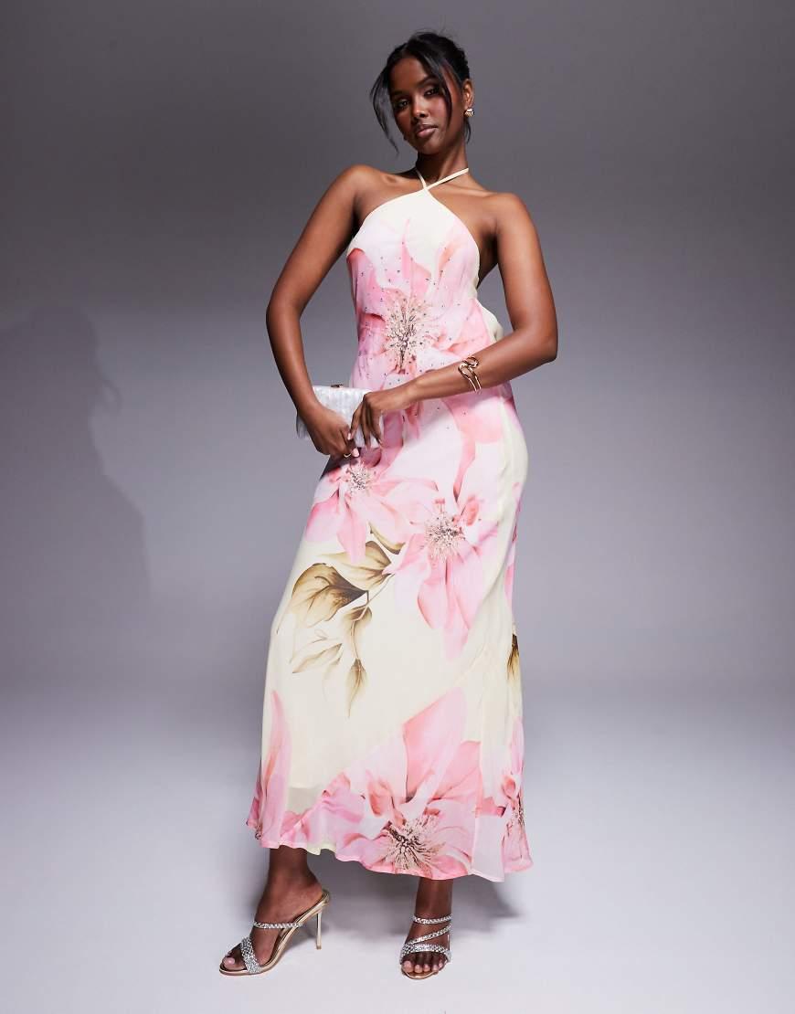 river island midi dress with ruffle detail in pink floral river island midi dress with ruffle detail in pink floral