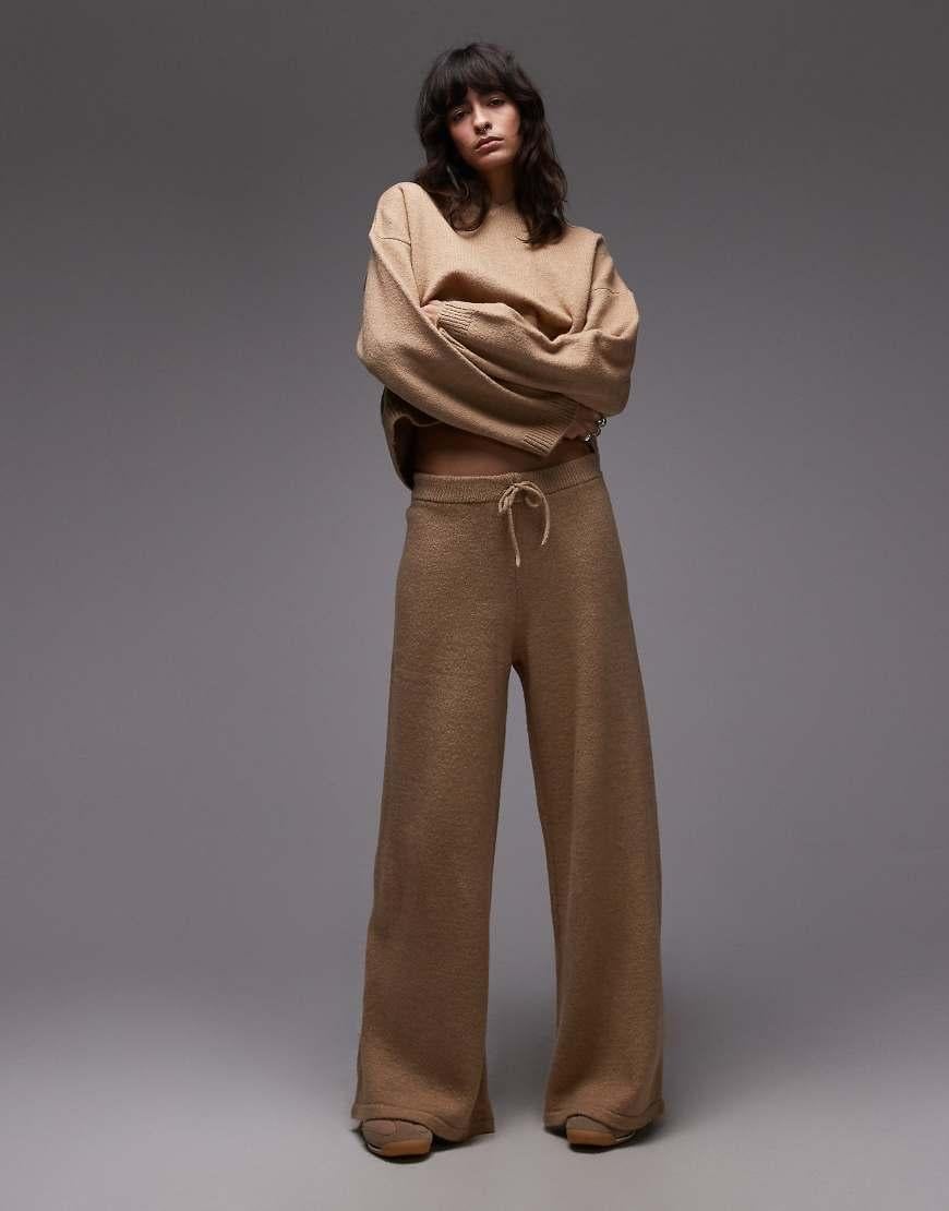 ASOS Fluffy Knitted Wide Leg Trousers Co-ord in Brown Lyst UK