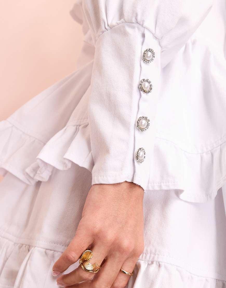 ASOS Denim Ruffle Plunge Tiered Mini Dress With Diamante Buttons in Pink Lyst UK