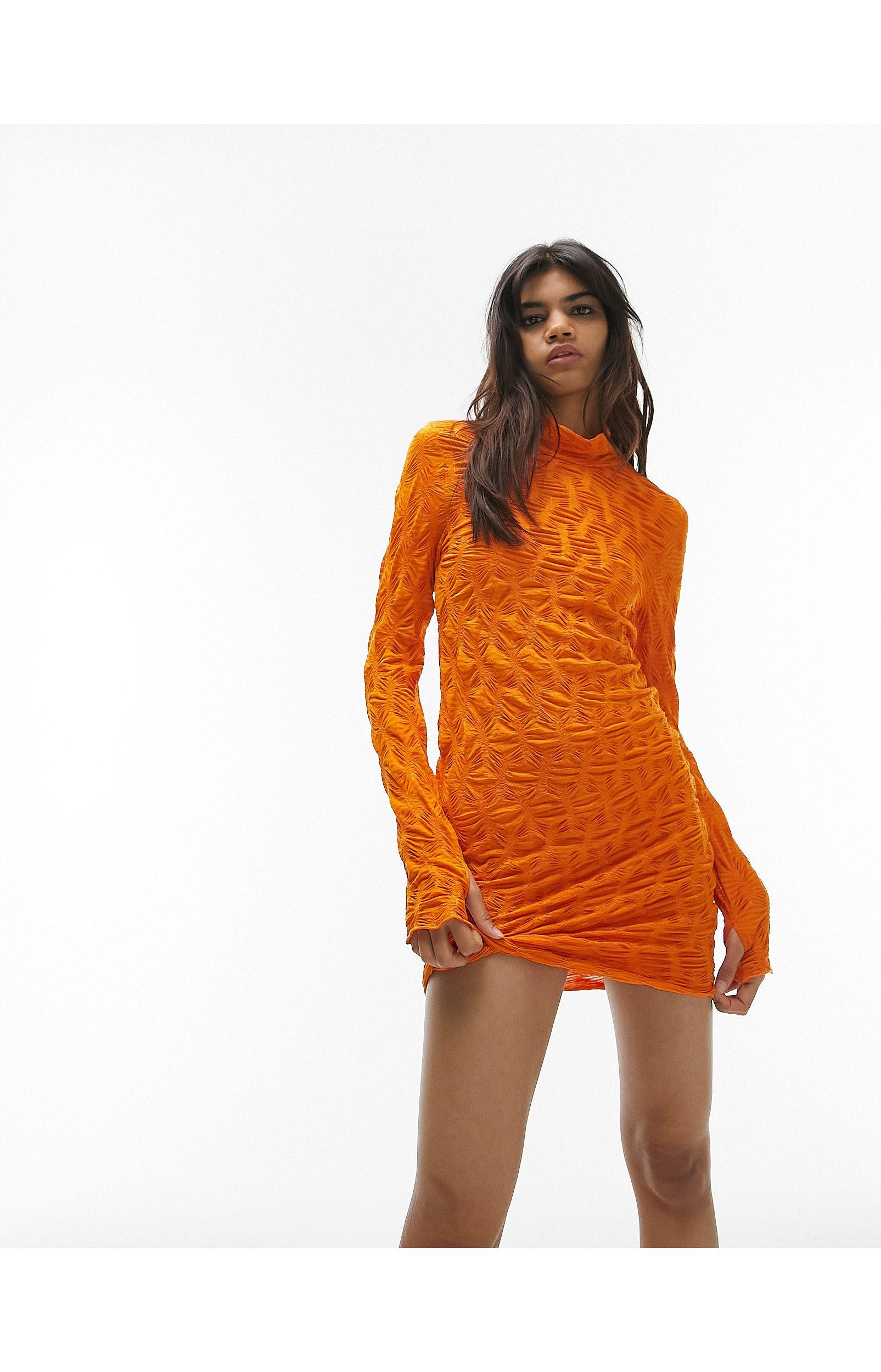 TOPSHOP Textured Jersey Long Sleeve Mini Dress in Orange | Lyst