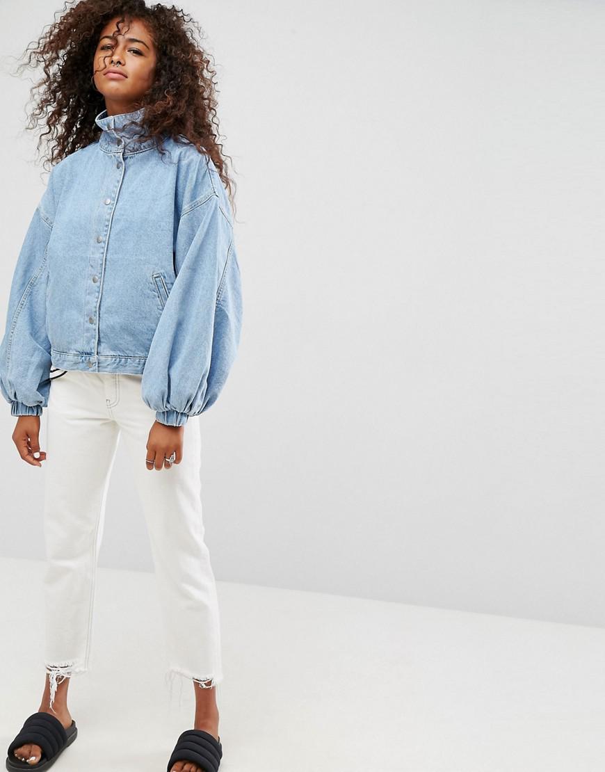 ASOS Denim Jacket With Cut Off Sleeve in Mid Wash