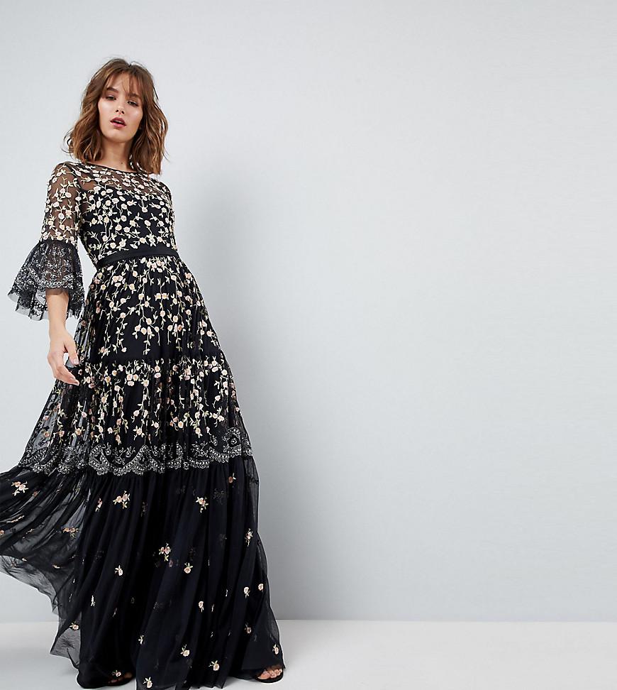 Needle & Thread Allover Embroidered And Embellished Maxi Gown With Fluted  Sleeves in Black | Lyst