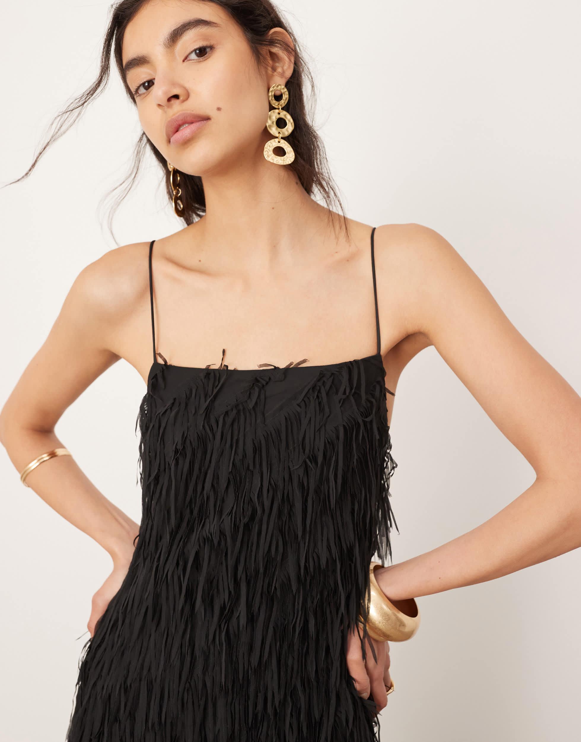 ASOS Textured Fringe Cami Maxi Dress With Low Back in Black | Lyst