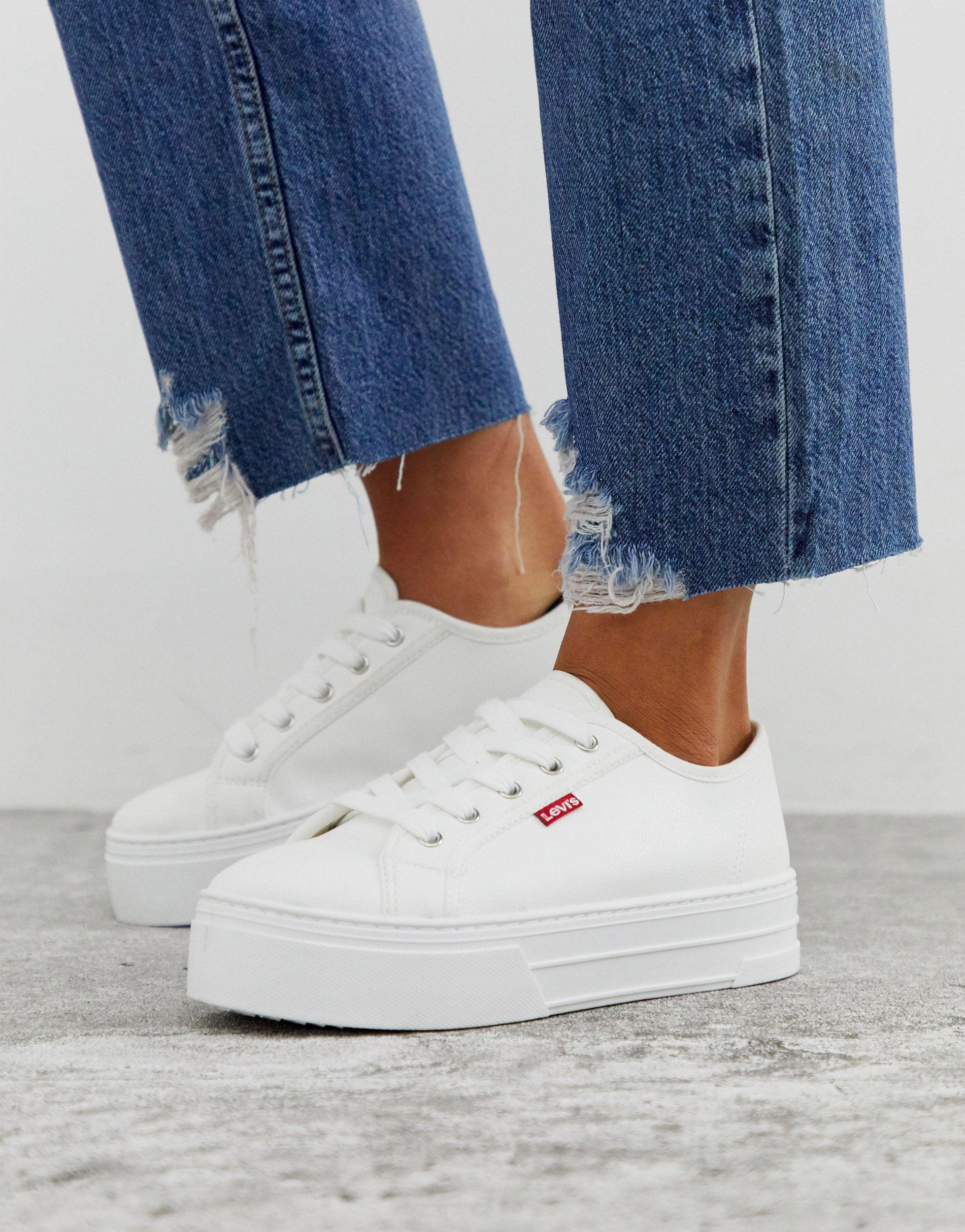 Levi's Faux Leather Flatform Lace Up Trainer in White | Lyst