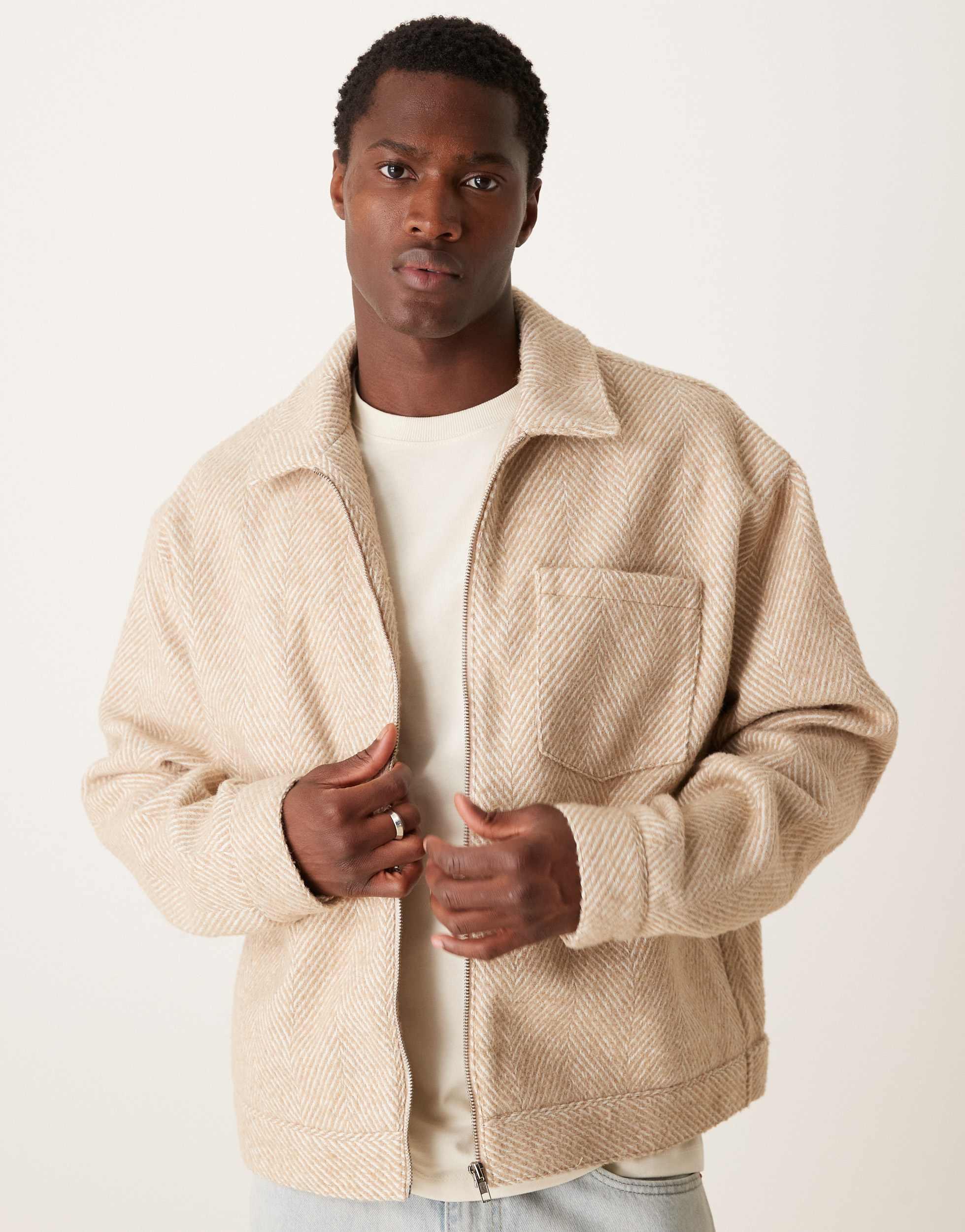 Blouson harrington oversize aspect laine a chevrons ecru ASOS pour homme en coloris Neutre Lyst