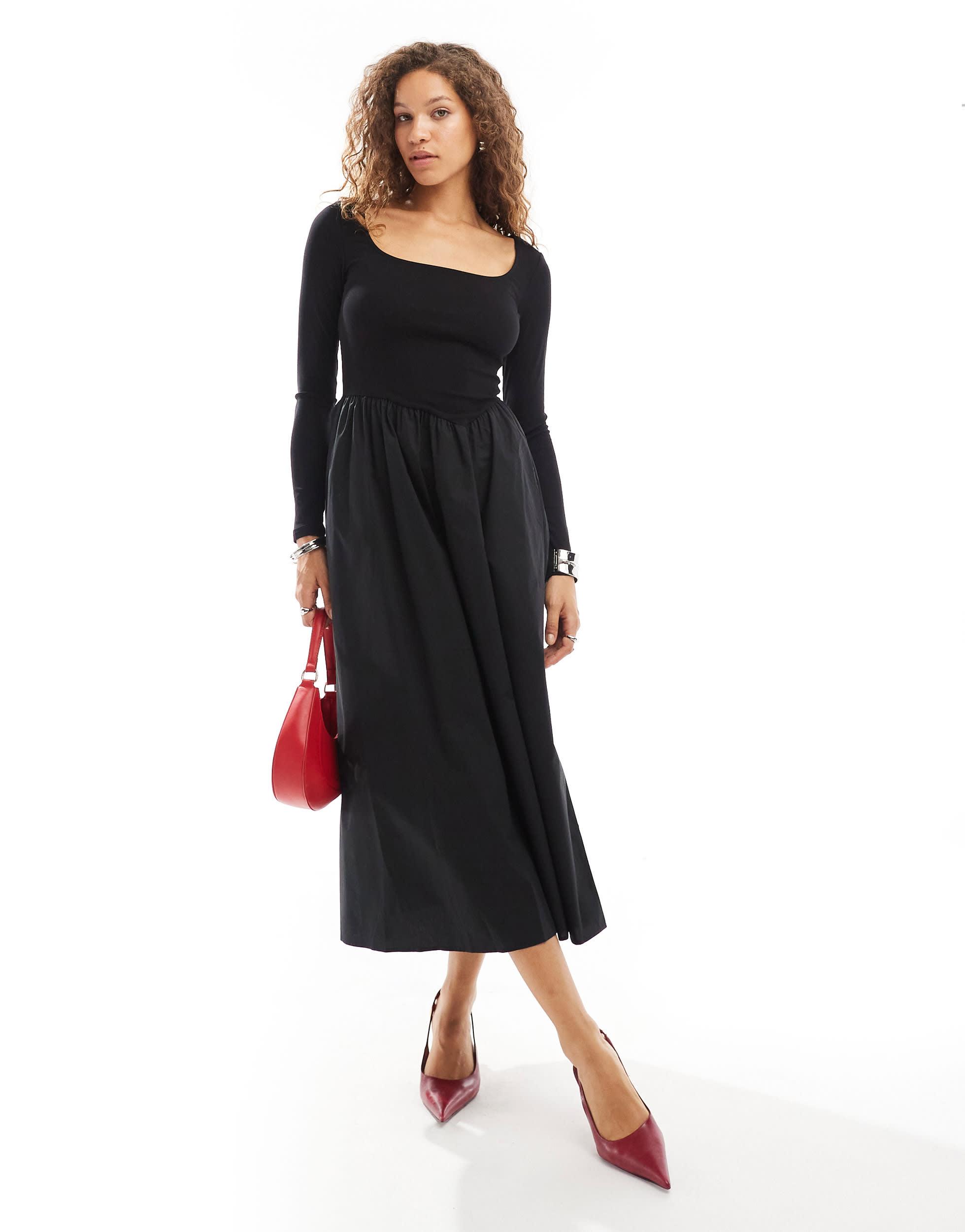 Robe mi longue a encolure degagee et jupe ample Urban Revivo en coloris Noir Lyst