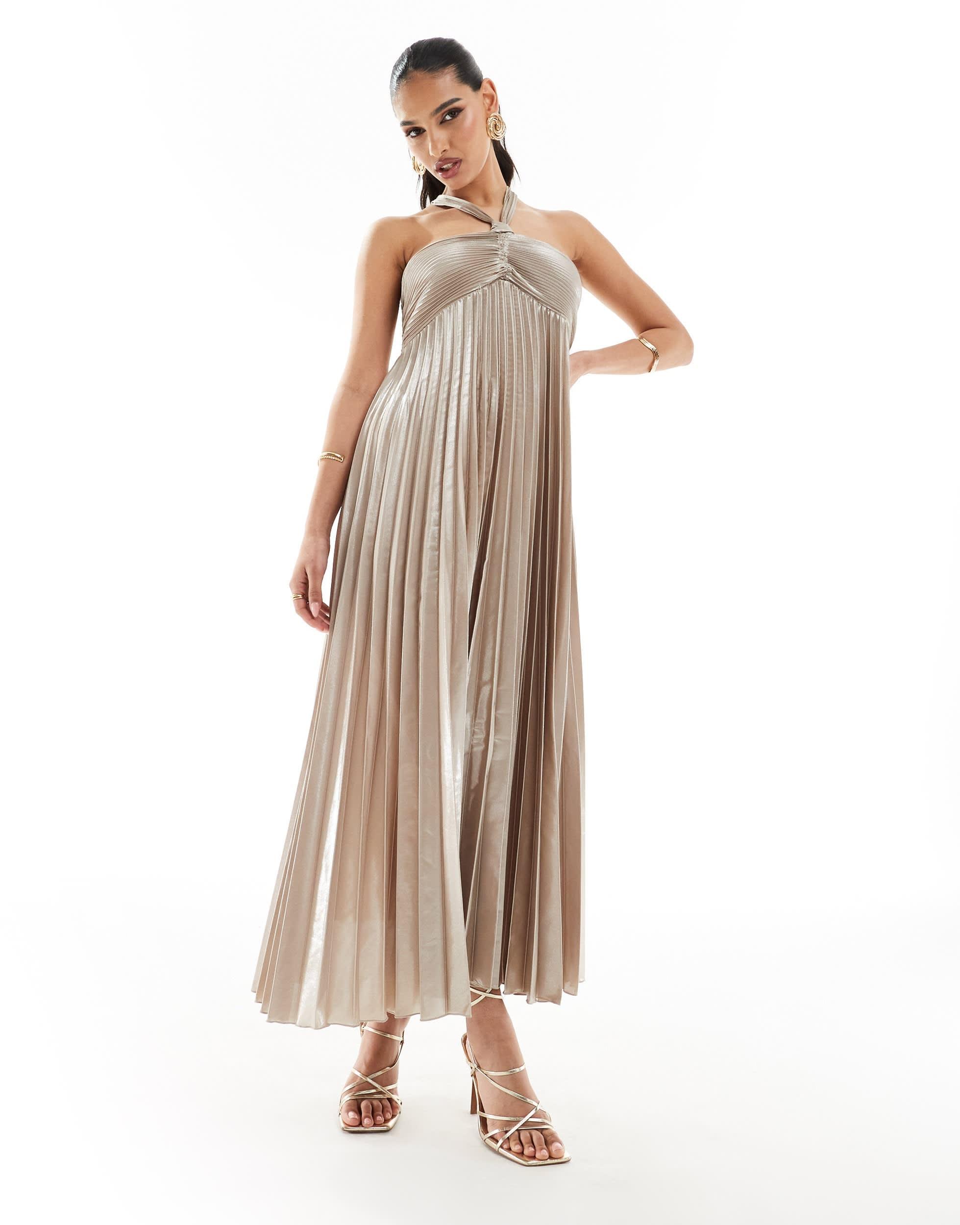 Mango Halterneck Pleated Midi Dress in Natural | Lyst
