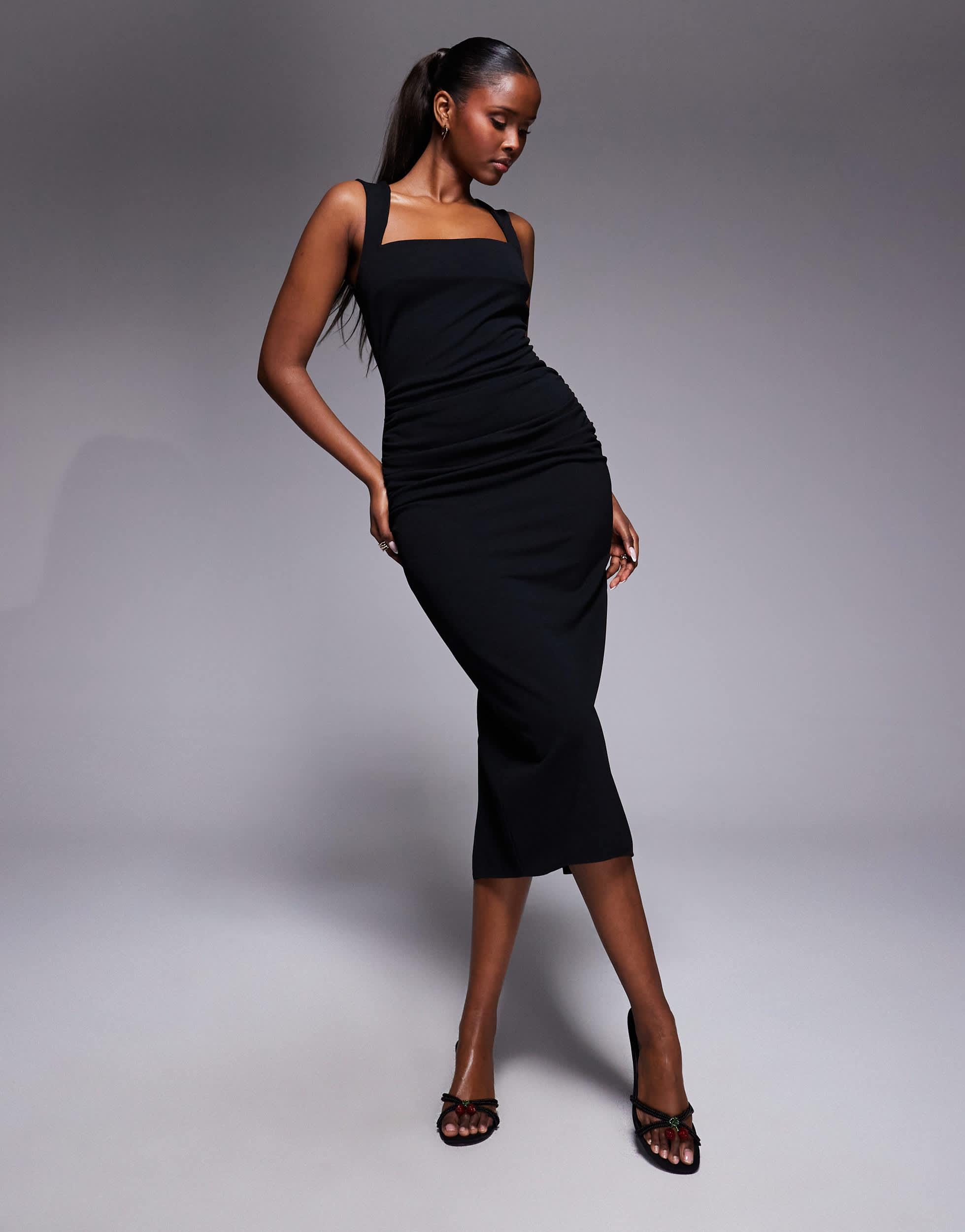 ASOS Square Neck Ruched Waist Midi Dress in Black | Lyst ASOS Square Neck Ruched Waist Midi Dress in Black | Lyst