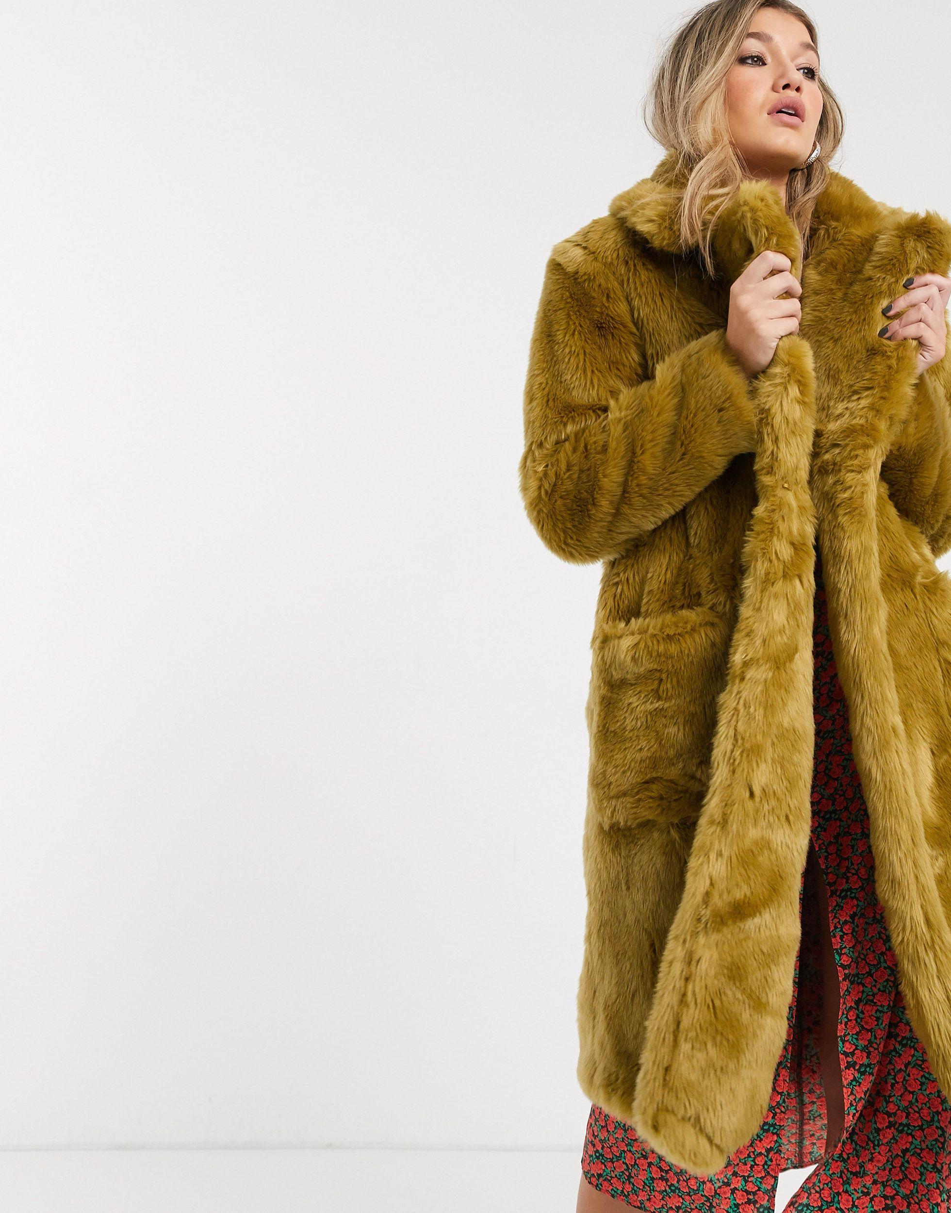 topshop yellow fur trim coat